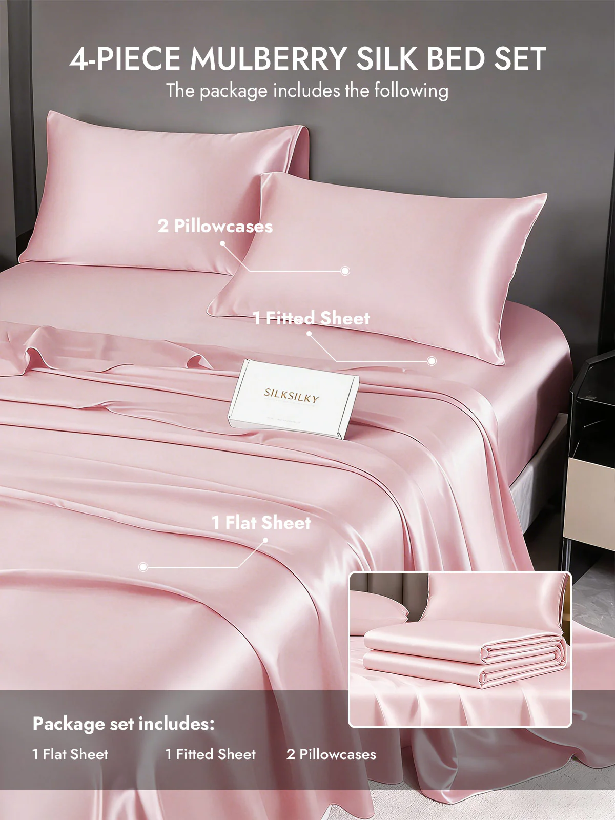 19Momme 4Pcs Silk Set Fitted&Flat Sheets+2x Pillowcases - Image 26