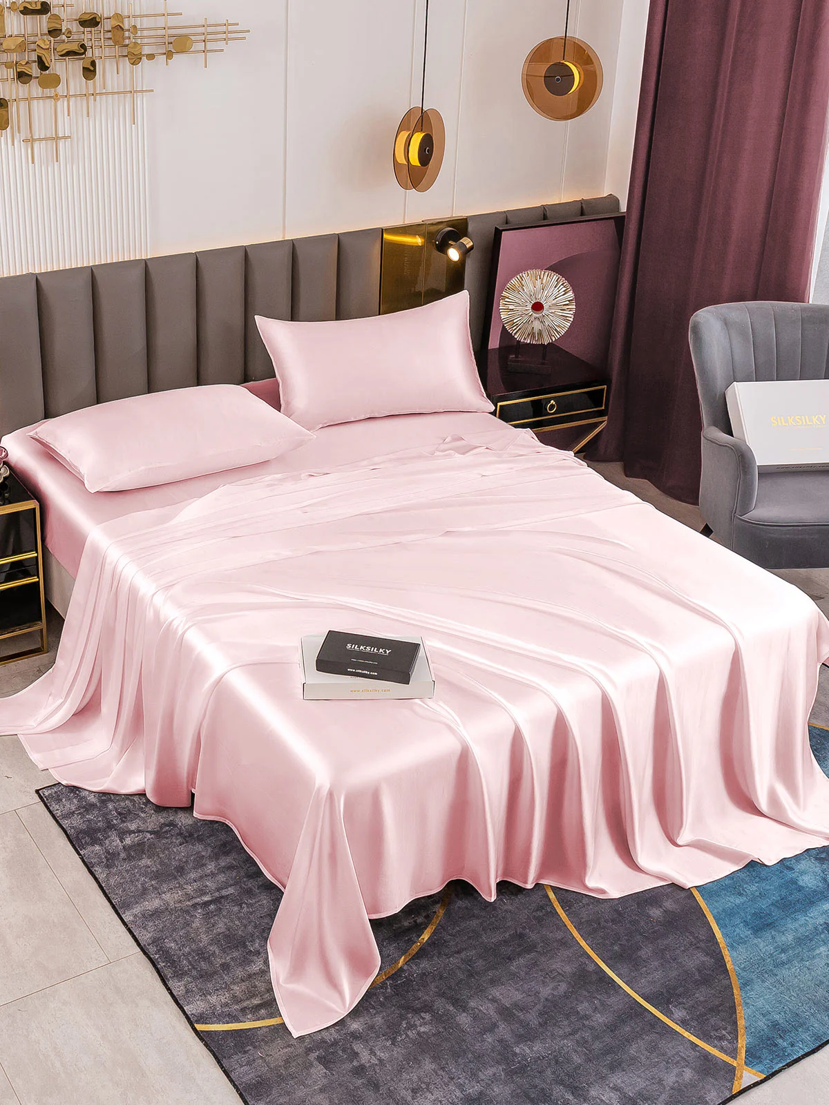 19Momme 4Pcs Silk Set Fitted&Flat Sheets+2x Pillowcases - Image 28