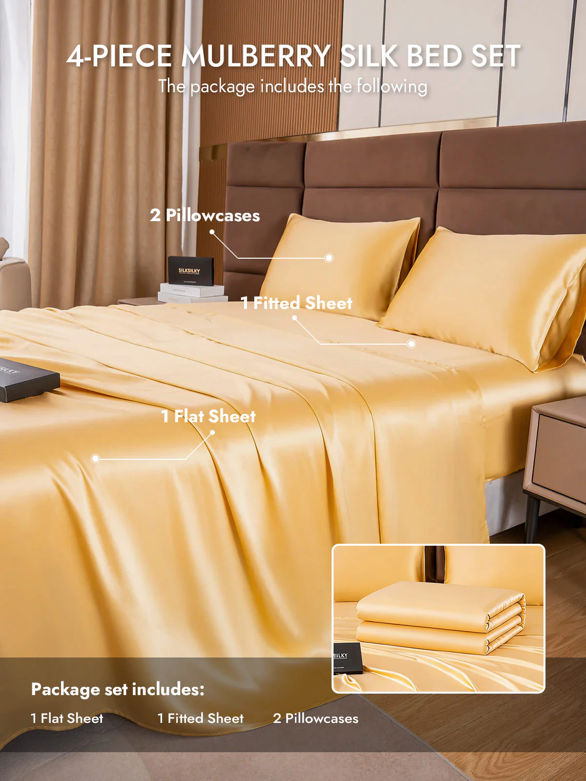 19Momme 4Pcs Silk Set Fitted&Flat Sheets+2x Pillowcases - Image 36