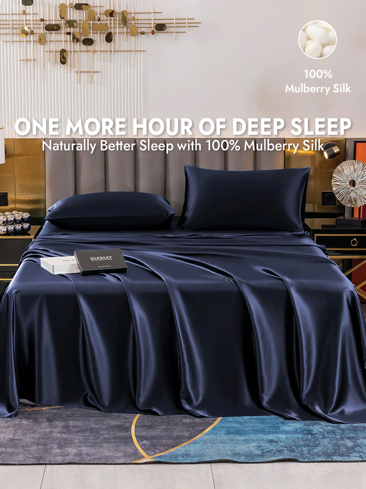 19Momme 4Pcs Silk Set Fitted&Flat Sheets+2x Pillowcases - Image 41