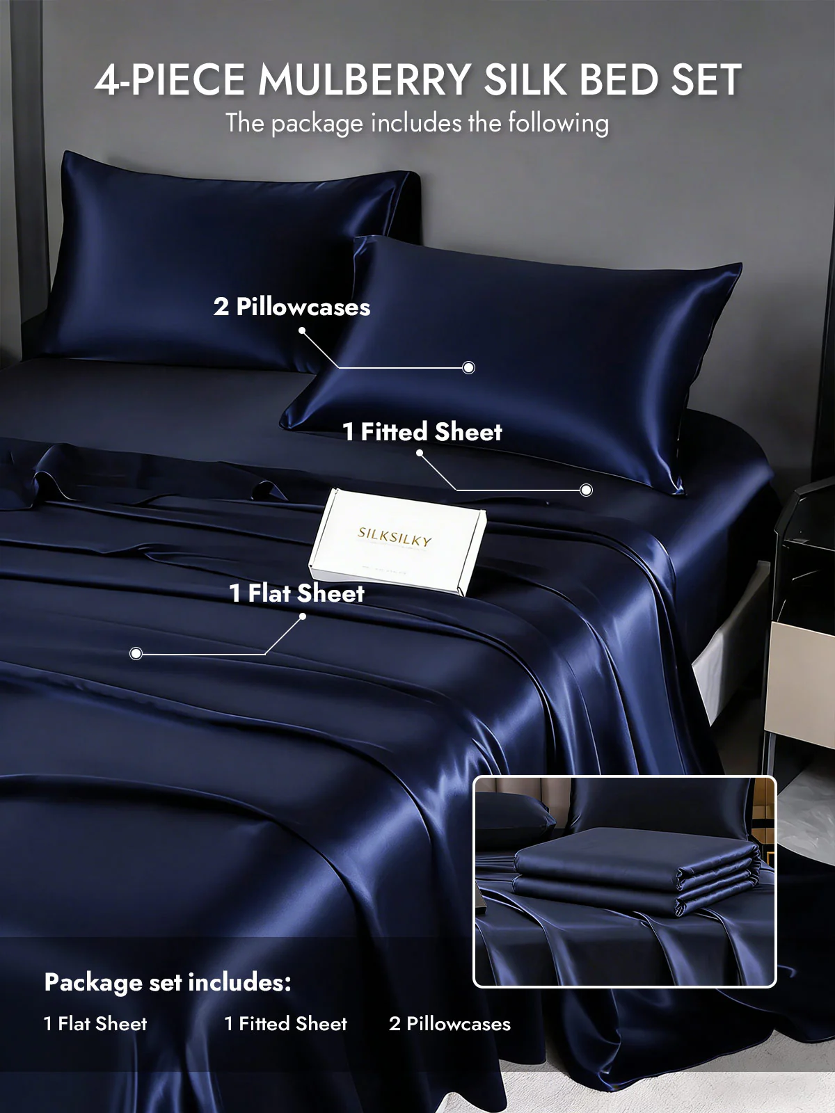 19Momme 4Pcs Silk Set Fitted&Flat Sheets+2x Pillowcases - Image 45
