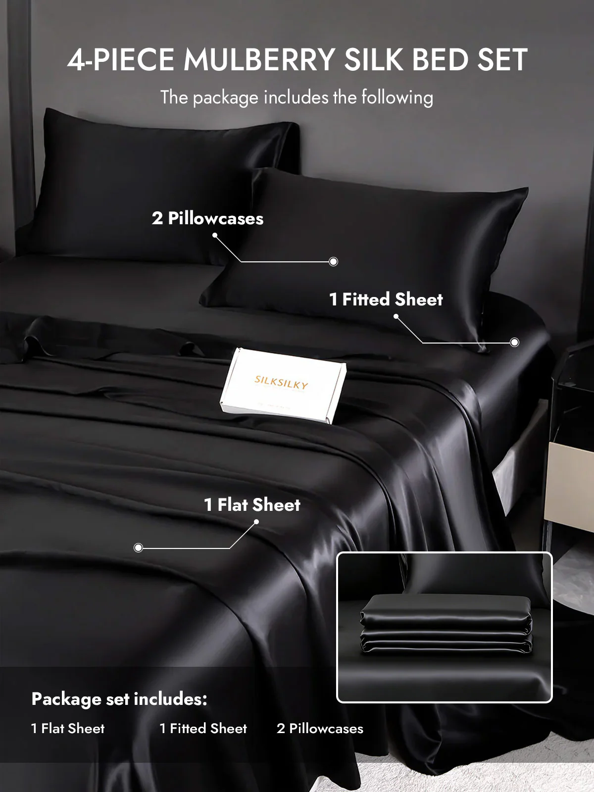 19Momme 4Pcs Silk Set Fitted&Flat Sheets+2x Pillowcases - Image 5