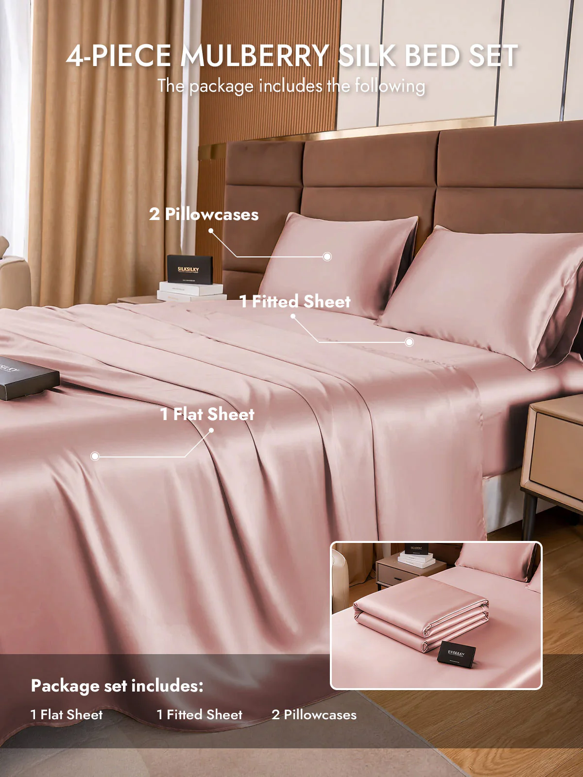 19Momme 4Pcs Silk Set Fitted&Flat Sheets+2x Pillowcases - Image 55