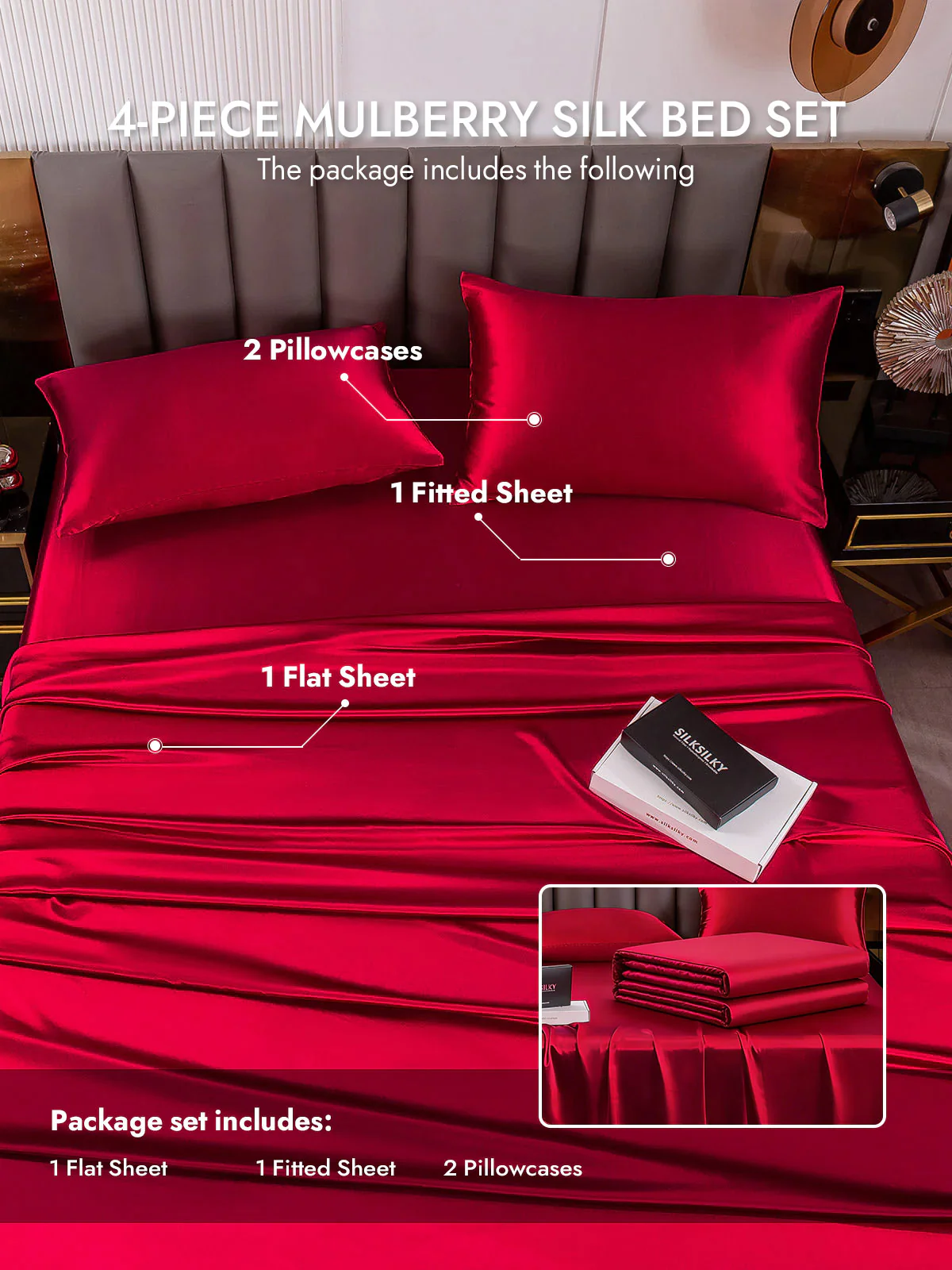19Momme 4Pcs Silk Set Fitted&Flat Sheets+2x Pillowcases - Image 65