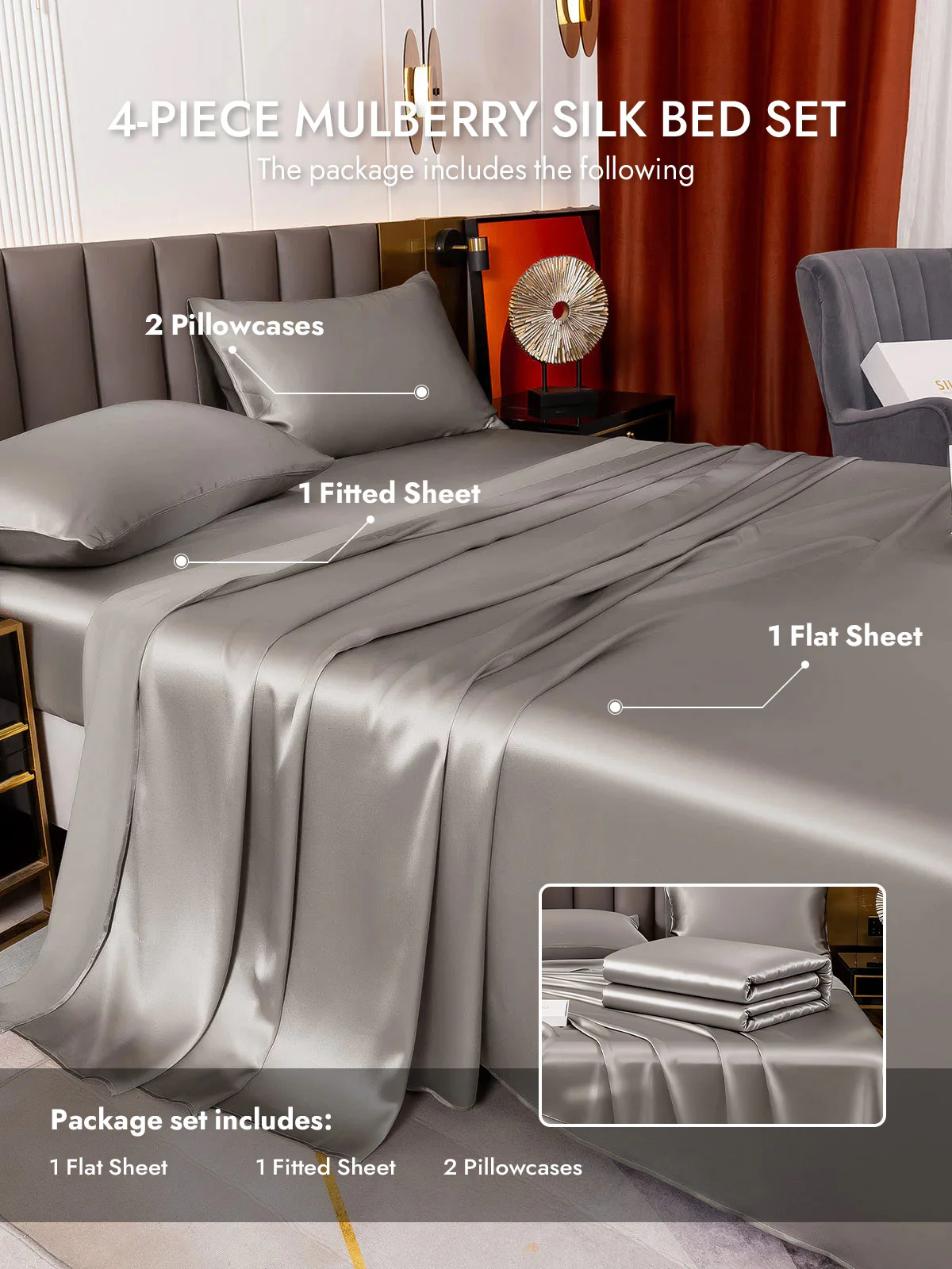 19Momme 4Pcs Silk Set Fitted&Flat Sheets+2x Pillowcases - Image 75