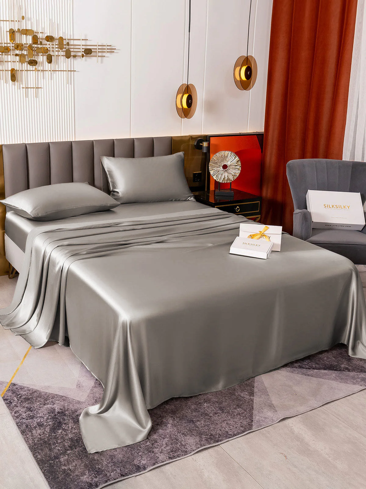 19Momme 4Pcs Silk Set Fitted&Flat Sheets+2x Pillowcases - Image 77