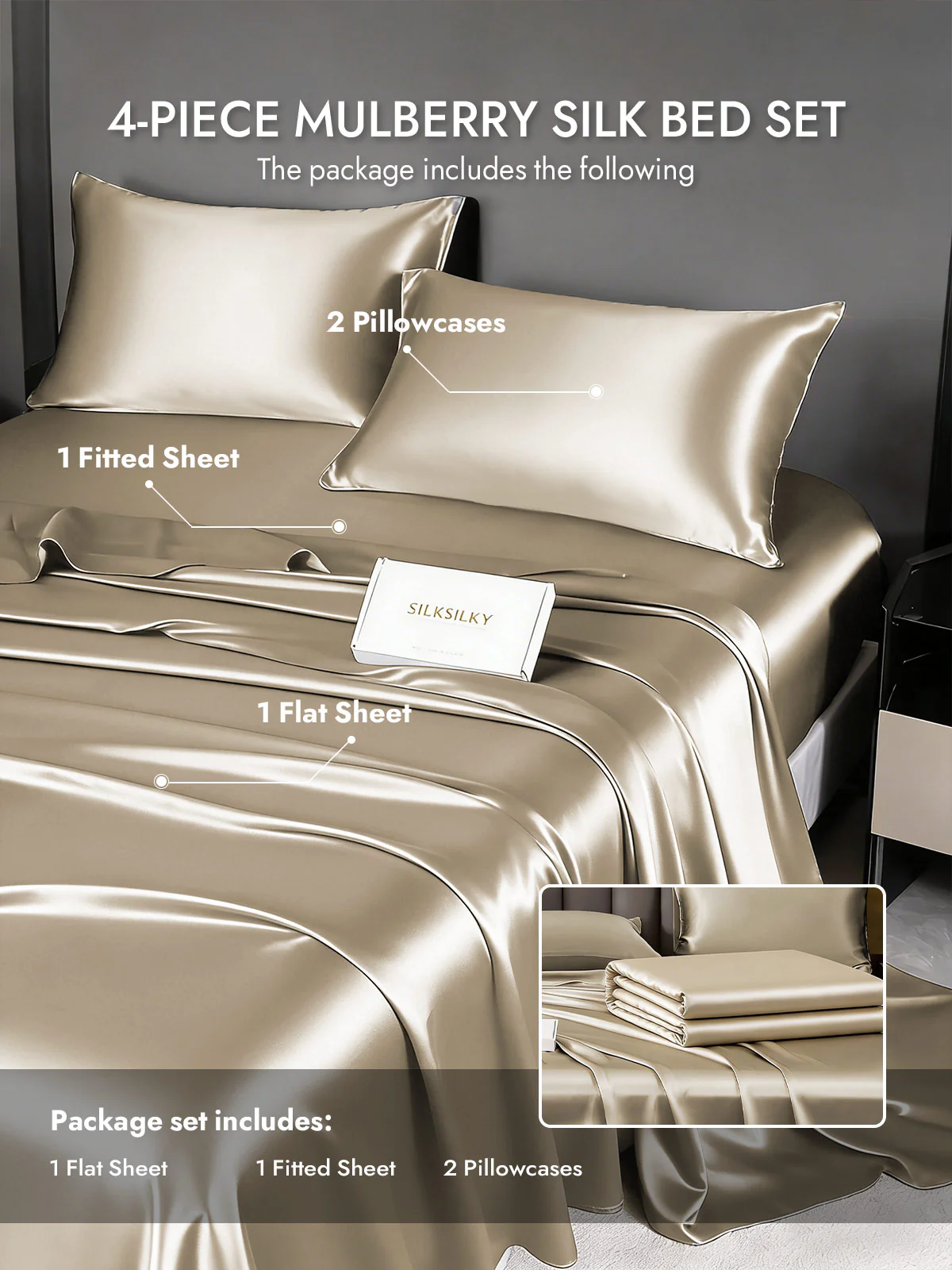 19Momme 4Pcs Silk Set Fitted&Flat Sheets+2x Pillowcases - Image 95