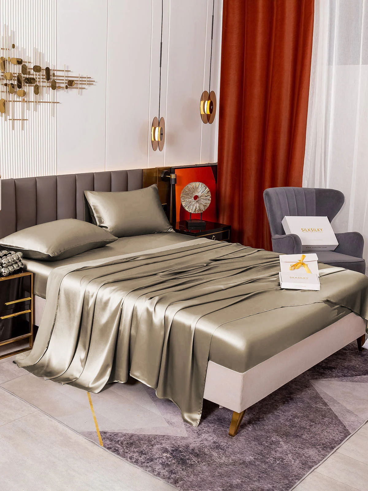 19Momme 4Pcs Silk Set Fitted&Flat Sheets+2x Pillowcases - Image 97