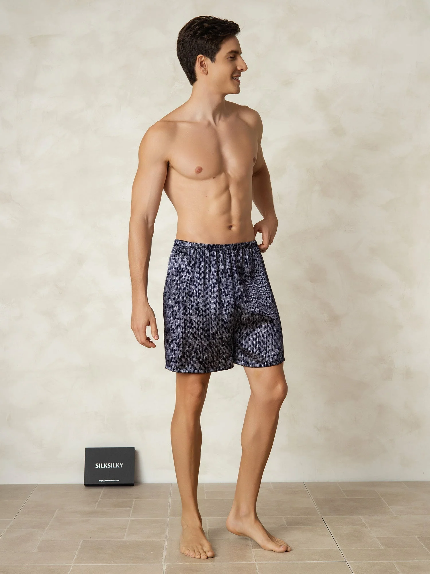 Pure Silk Navy Ginkgo Print Elastic Waist Men's Sleep Shorts - Image 5