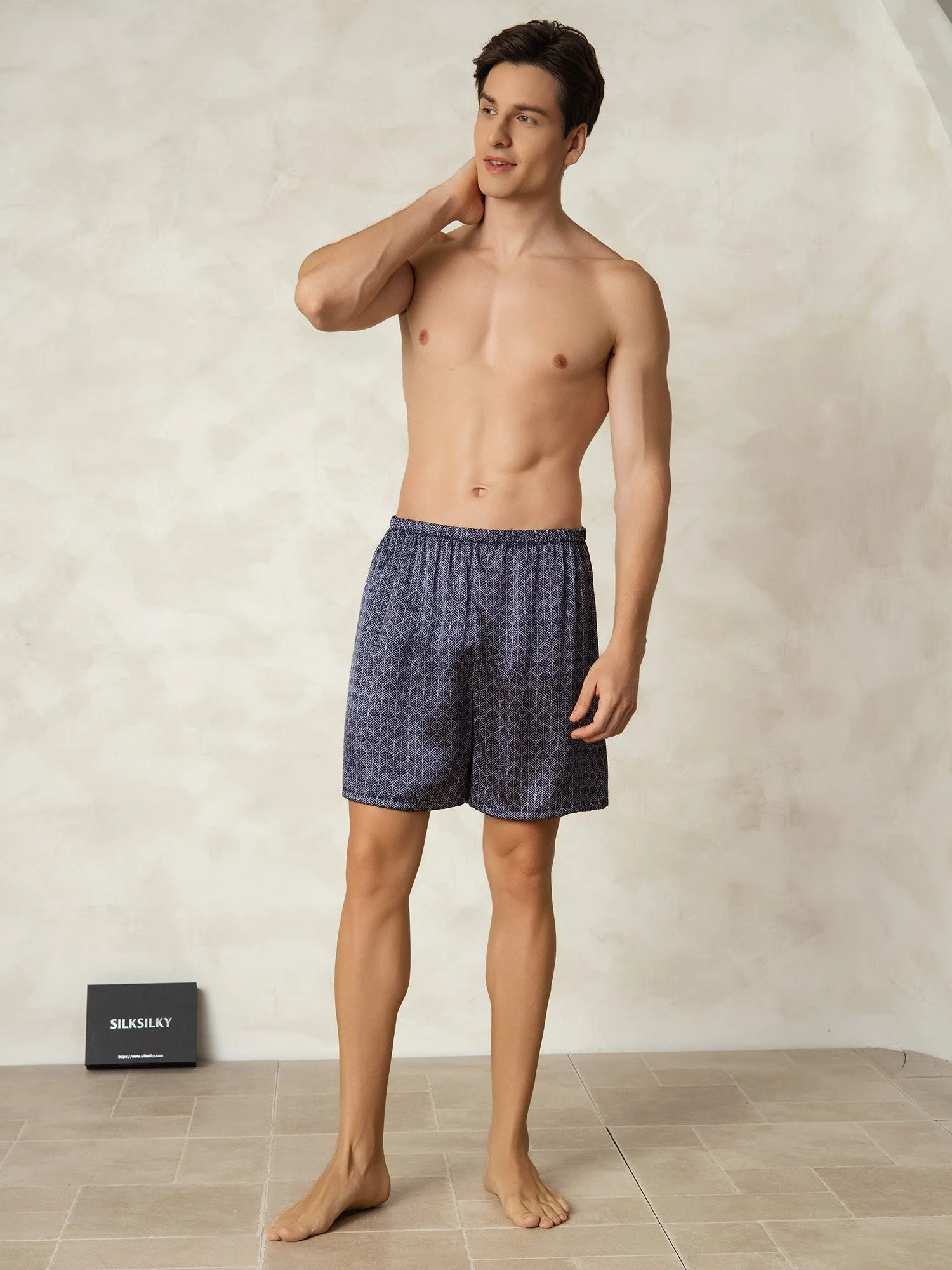 Pure Silk Navy Ginkgo Print Elastic Waist Men's Sleep Shorts - Image 6
