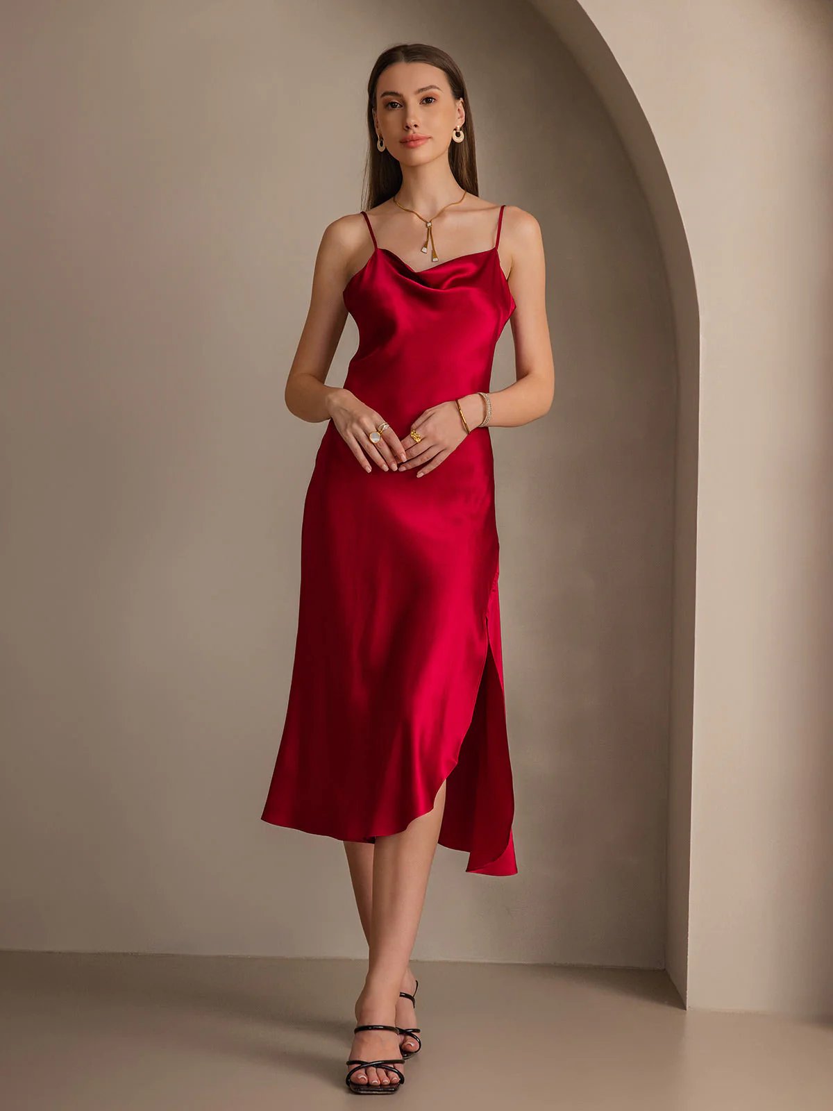 Pure Silk Spaghetti Strap Cowl Neck Bias Midi Dress with Split Design - Image 12