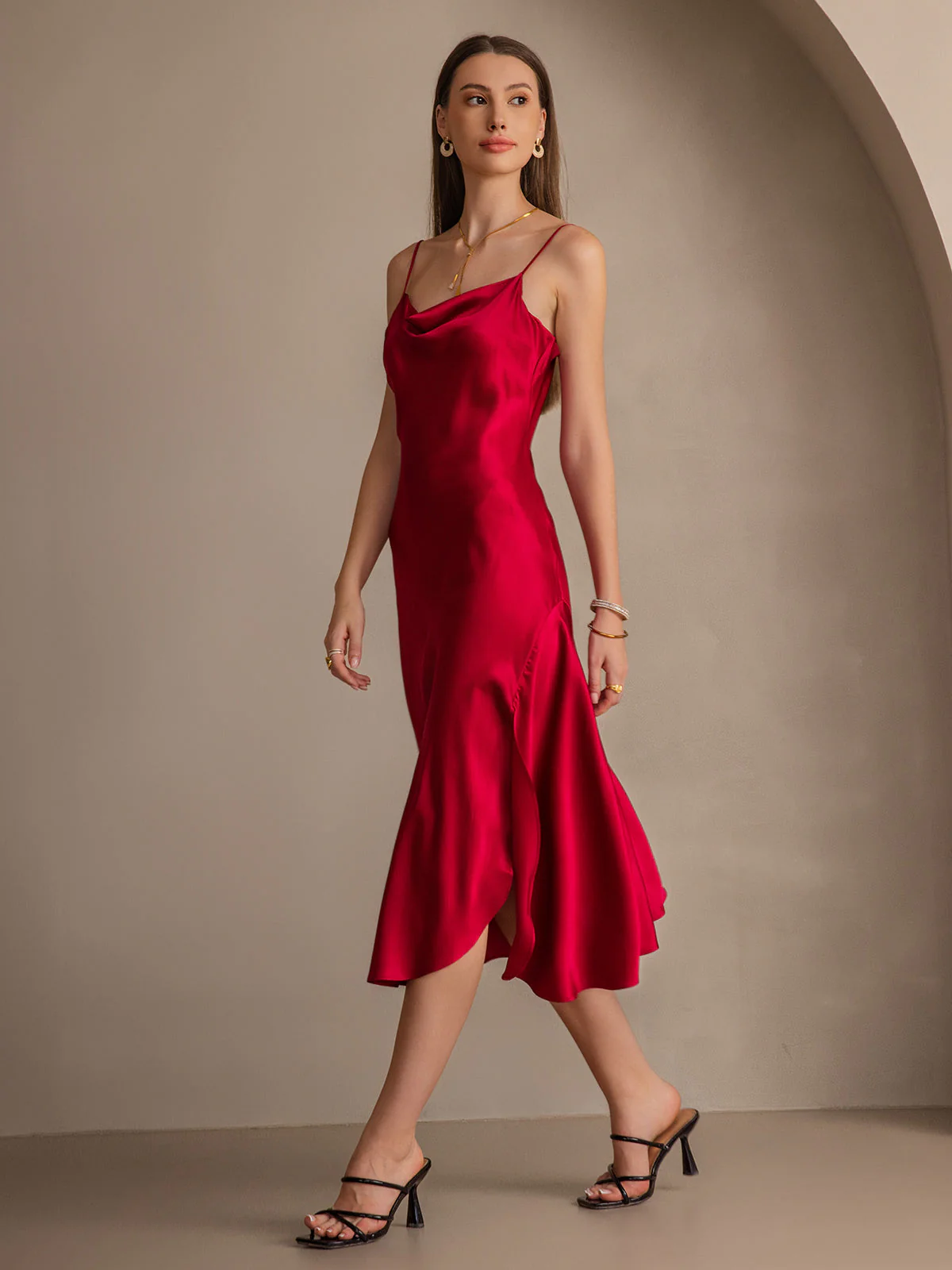 Pure Silk Spaghetti Strap Cowl Neck Bias Midi Dress with Split Design - Image 13