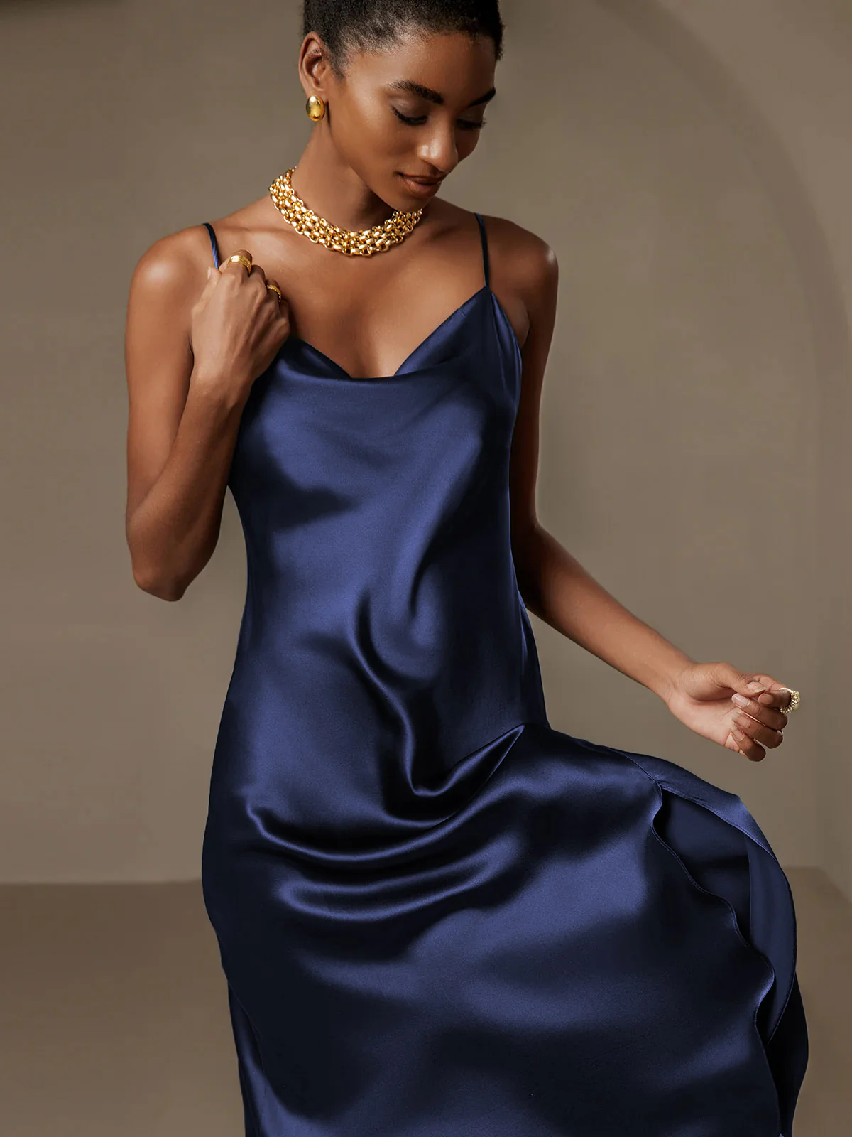 Pure Silk Spaghetti Strap Cowl Neck Bias Midi Dress with Split Design - Image 20