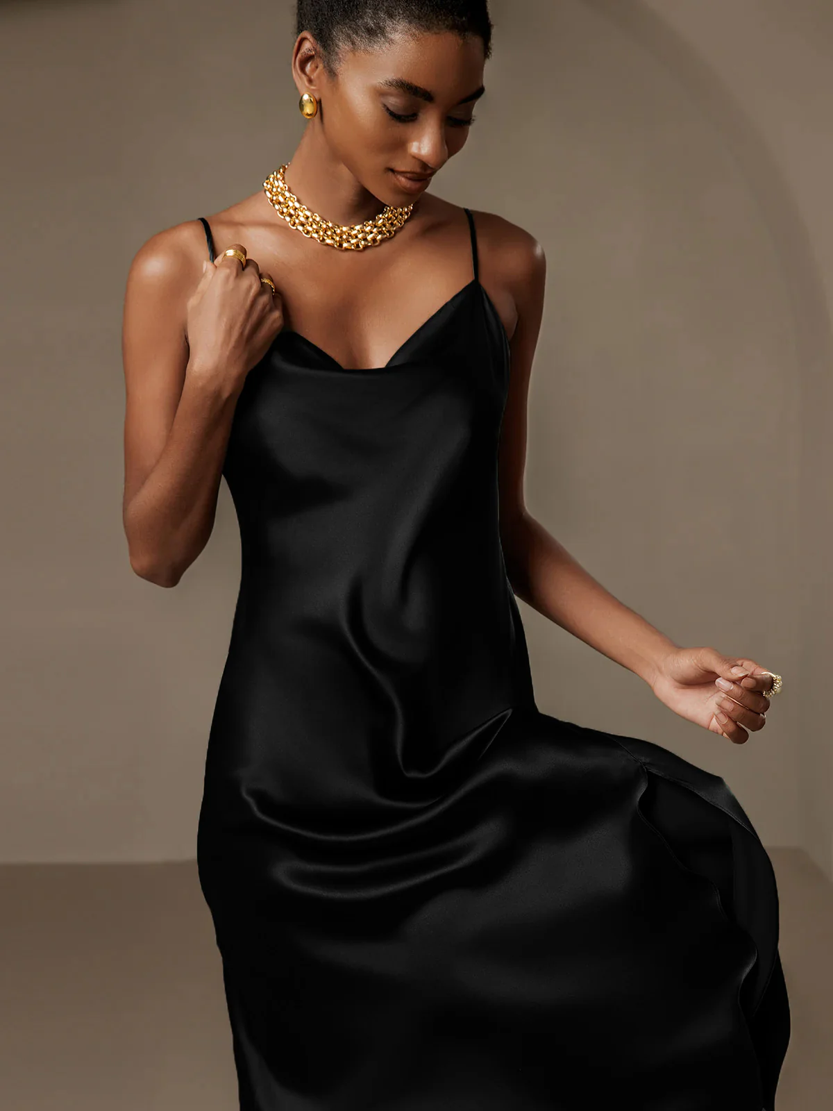 Pure Silk Spaghetti Strap Cowl Neck Bias Midi Dress with Split Design - Image 27