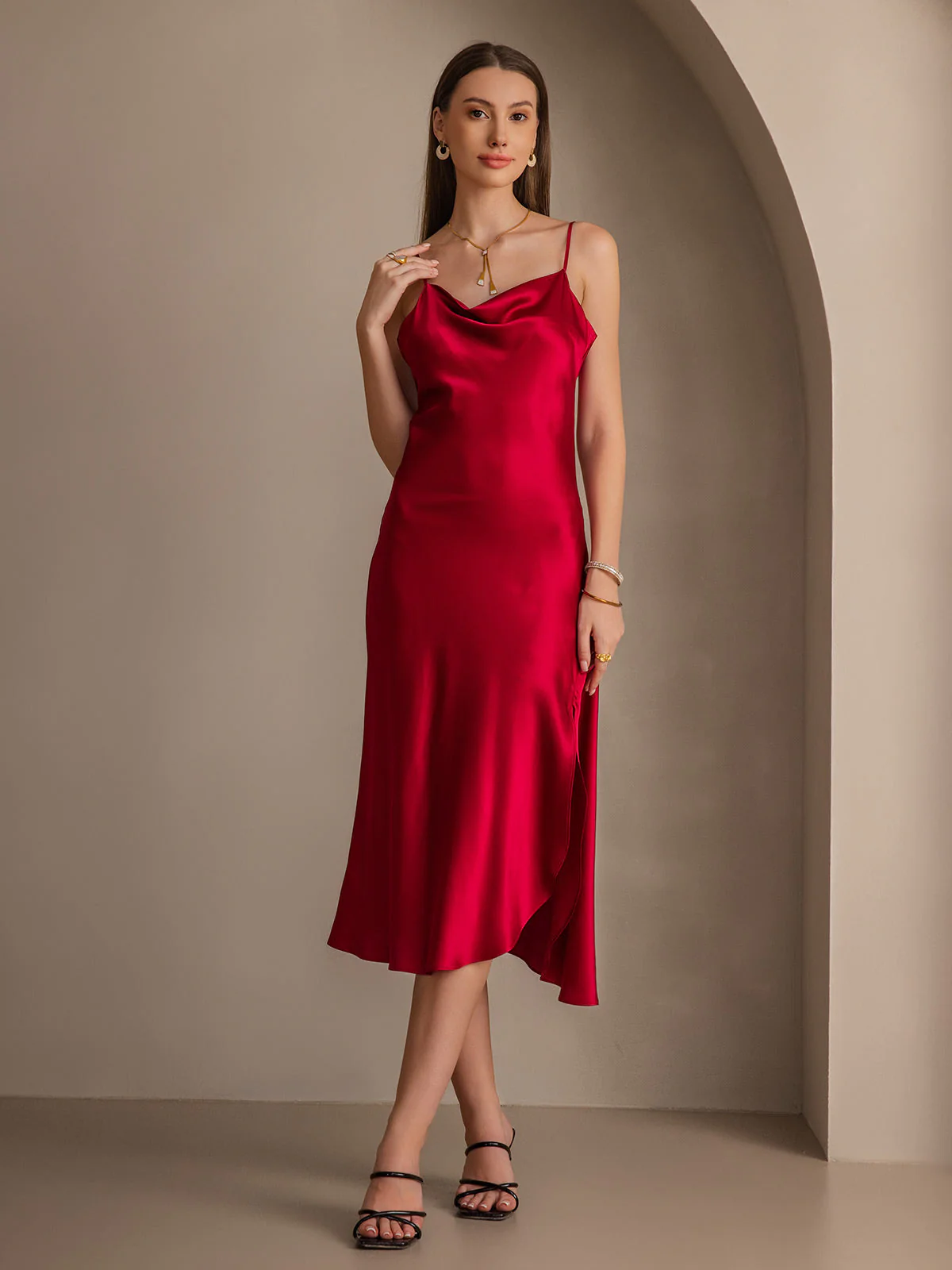 Pure Silk Spaghetti Strap Cowl Neck Bias Midi Dress with Split Design - Image 8