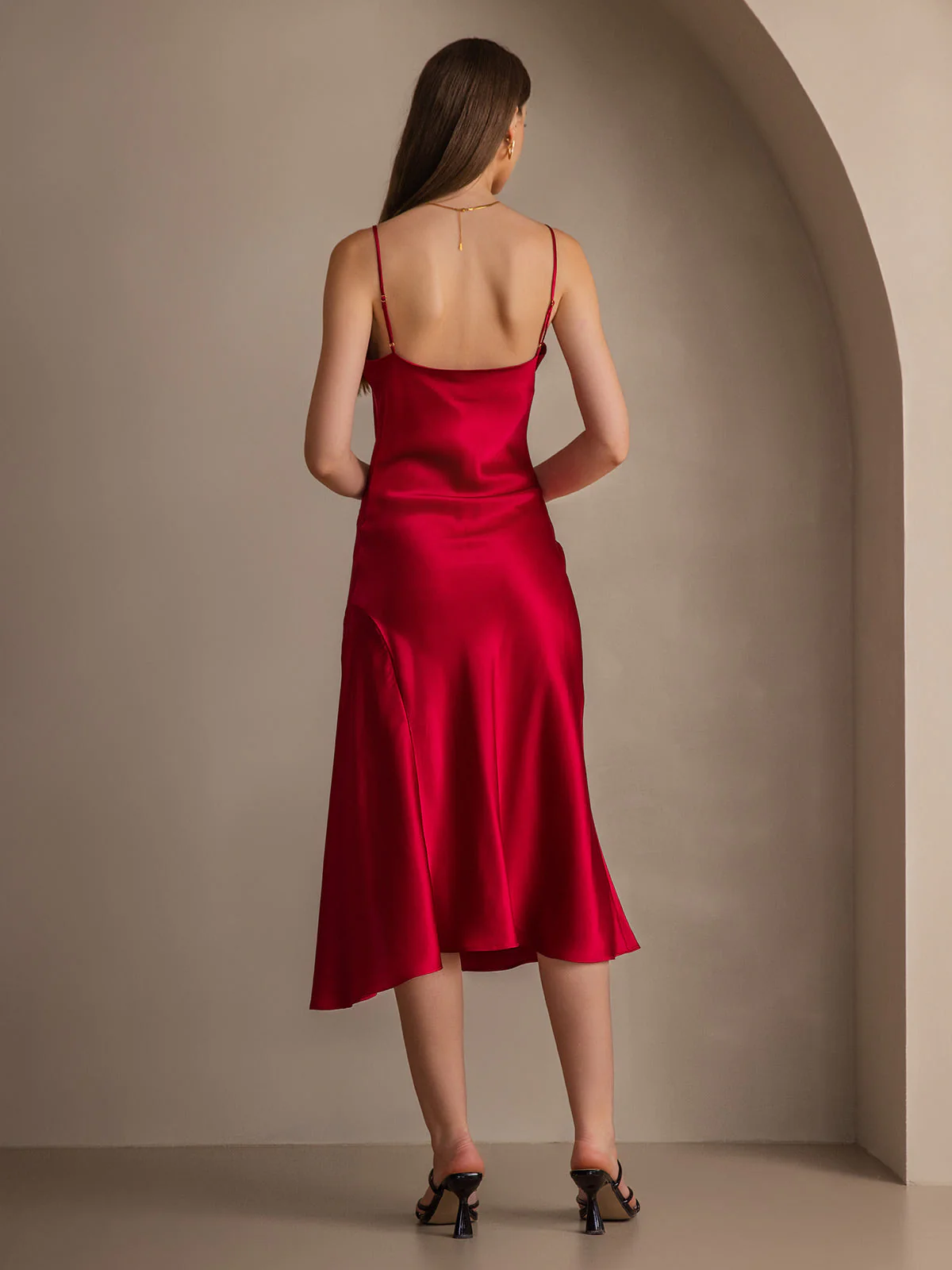 Pure Silk Spaghetti Strap Cowl Neck Bias Midi Dress with Split Design - Image 9