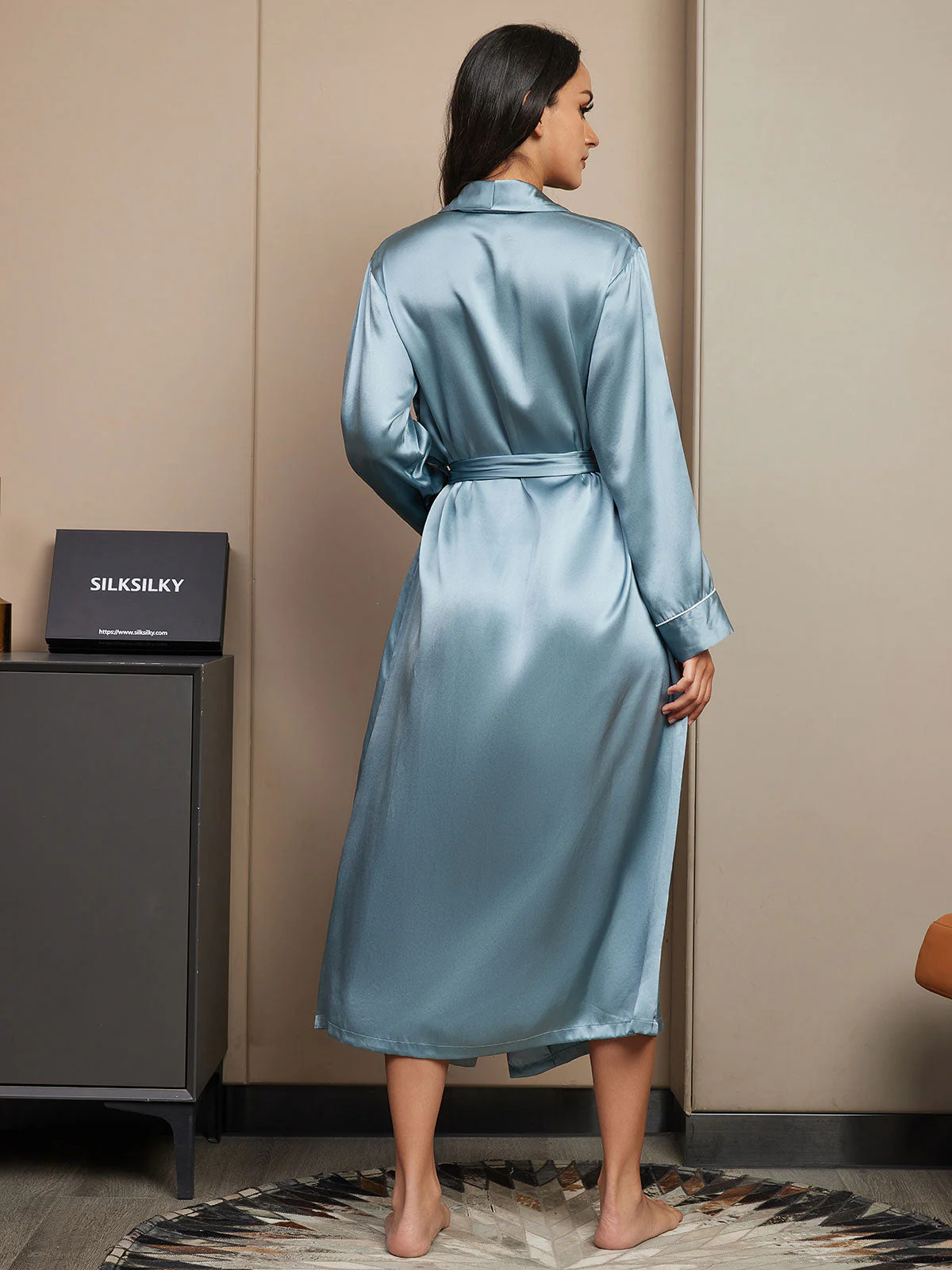 19Momme Pure Silk Long Sleeve Midi Women's Wrap Robe - Image 21