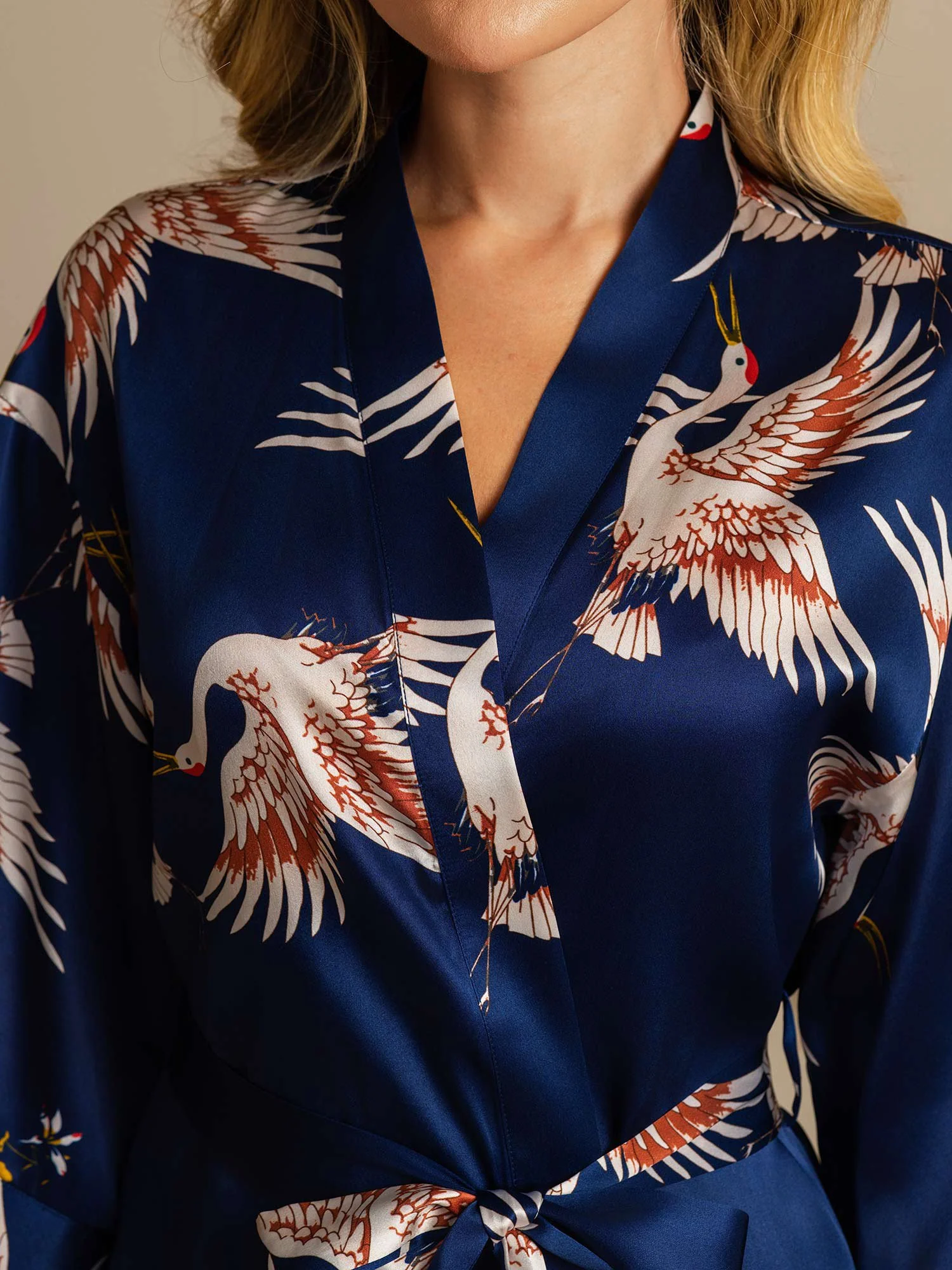 19Momme Pure Silk Crane Print Belted Wrap Women's Kimono Robe - Image 12