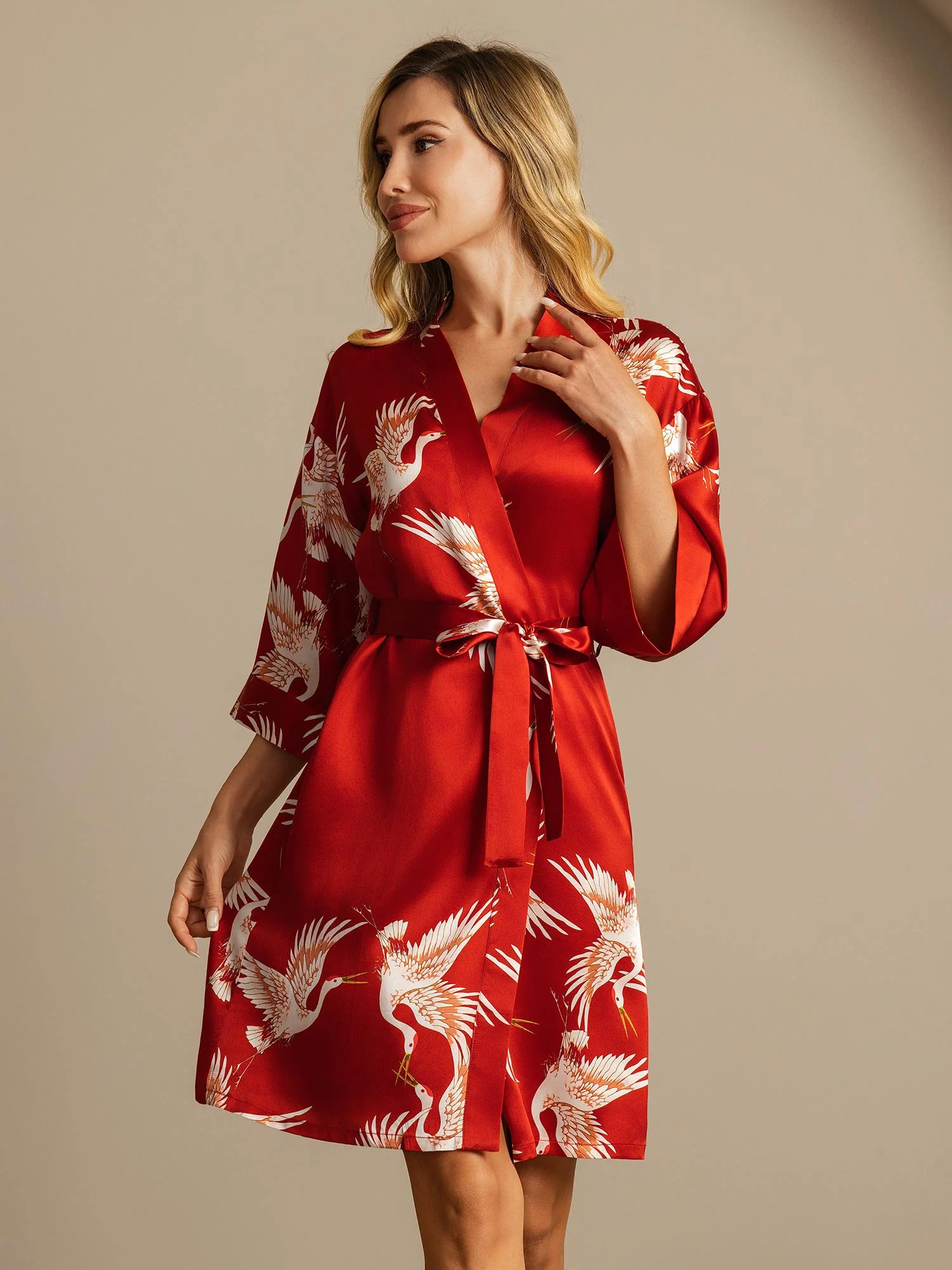 19Momme Pure Silk Crane Print Belted Wrap Women's Kimono Robe - Image 6