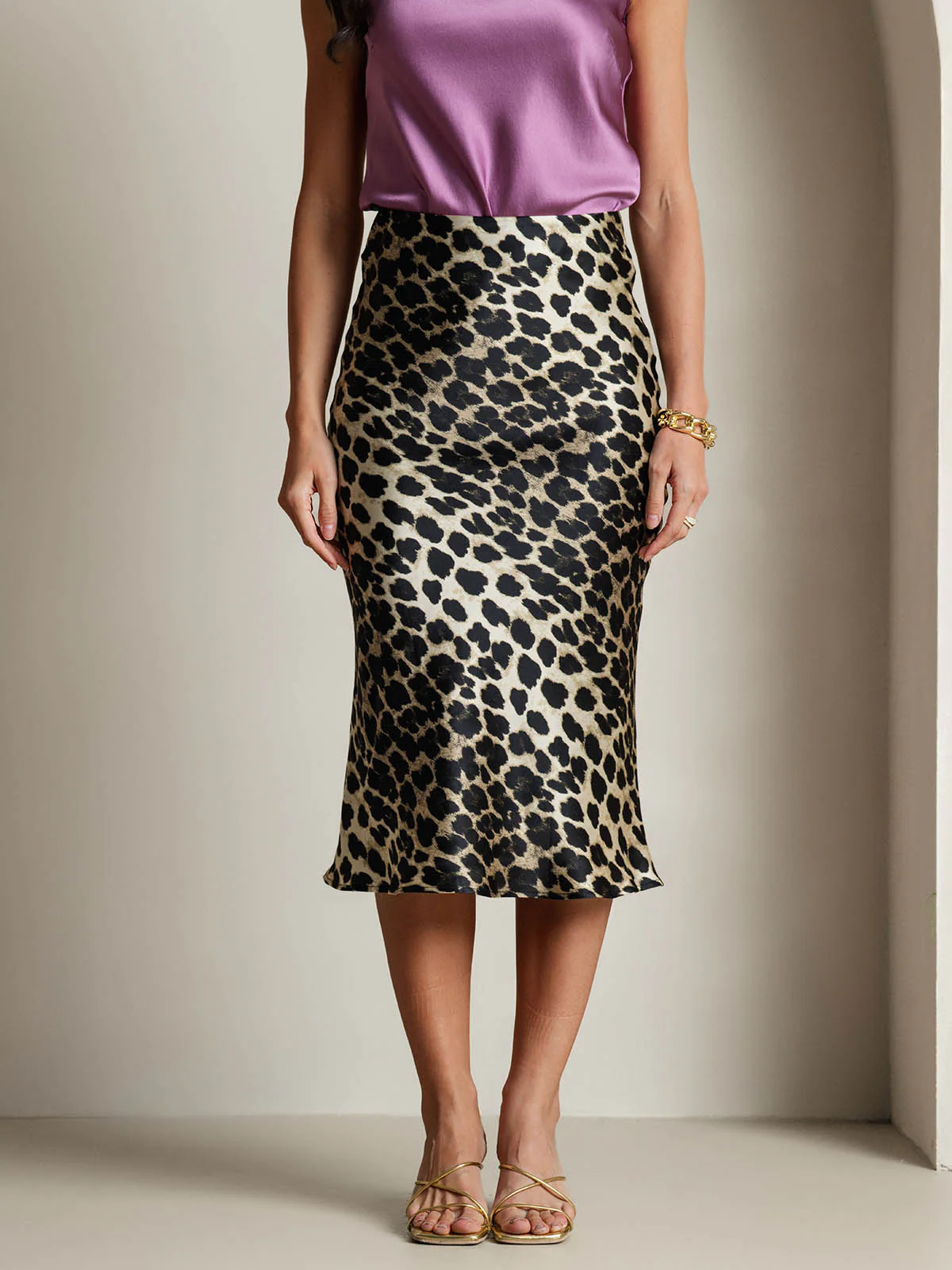 19Momme Pure Silk Leopard Print Stretch Straight Long Skirt - Image 3