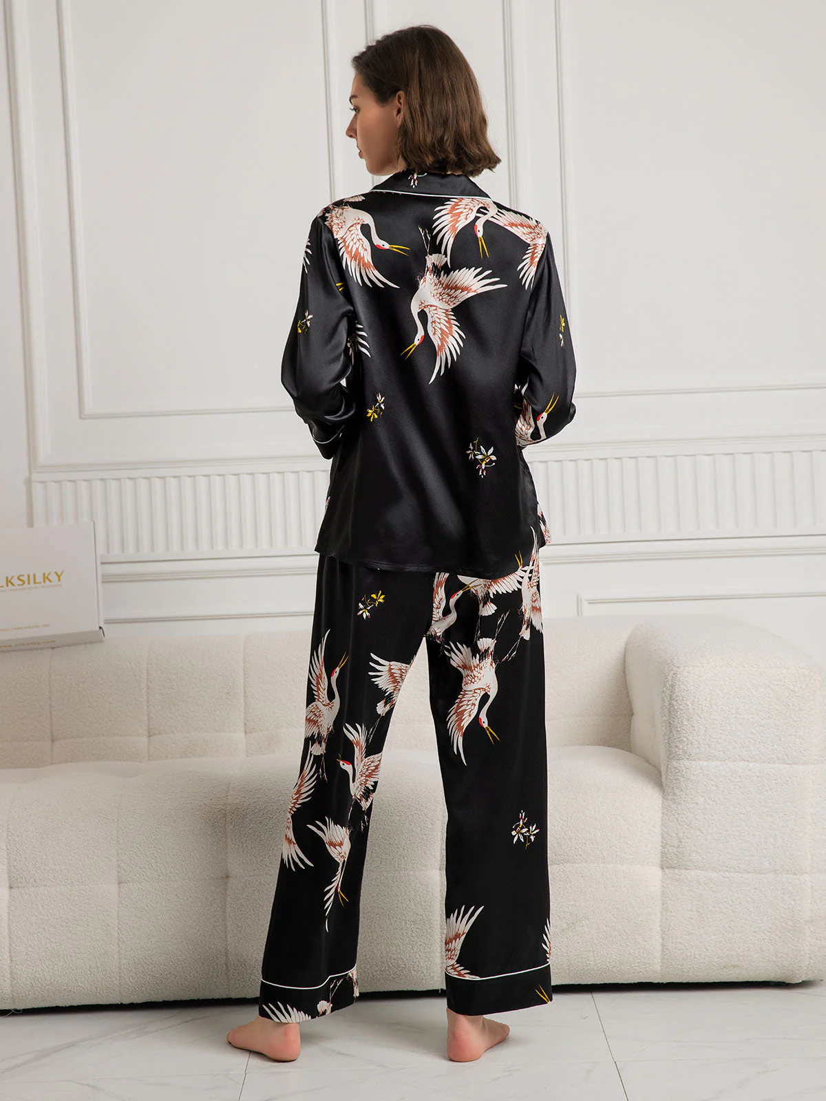 19Momme Women's Pure Silk Crane Print Long Sleeve Pajamas Set - Image 20