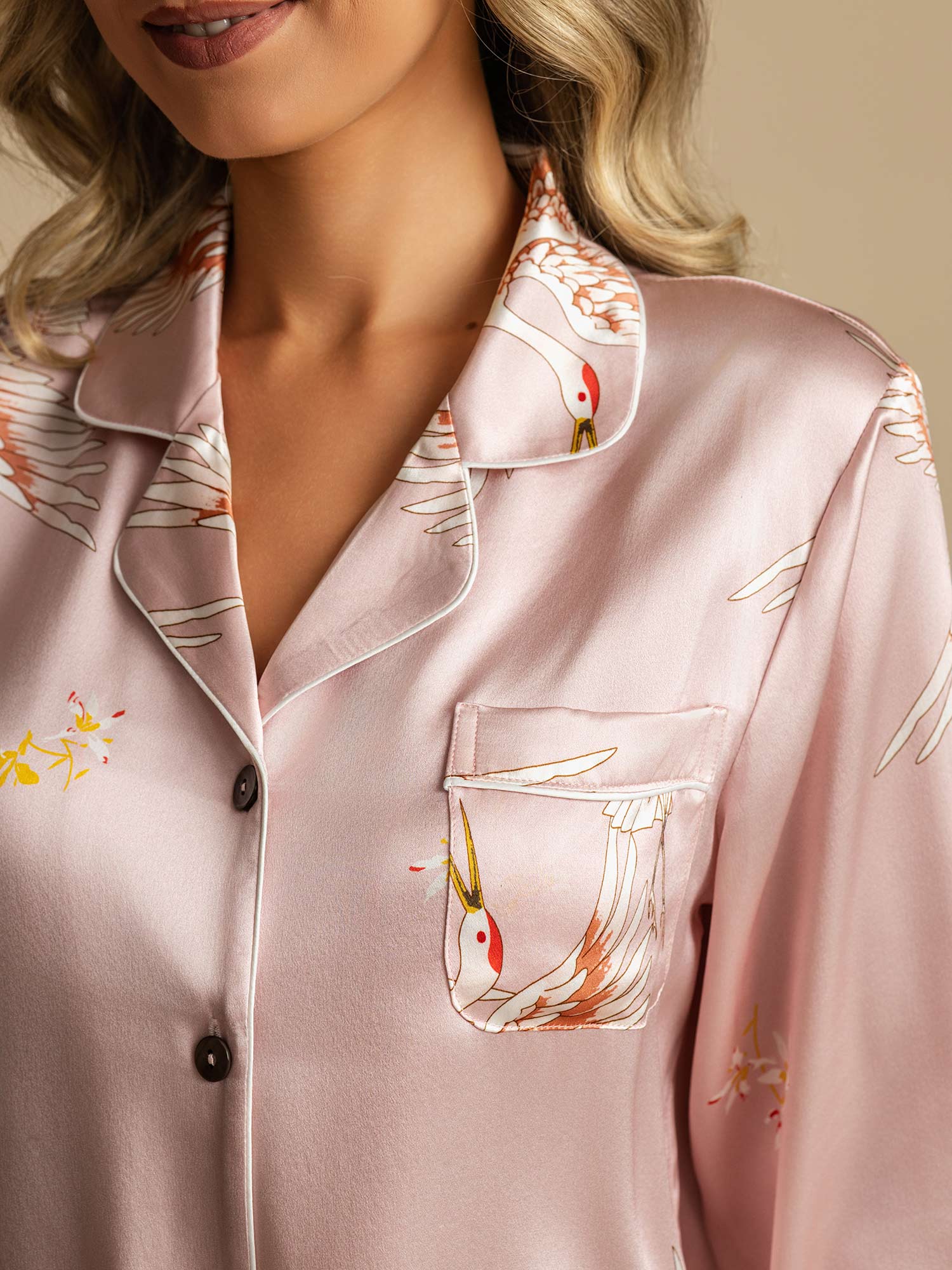 19Momme Women's Pure Silk Crane Print Long Sleeve Pajamas Set - Image 27
