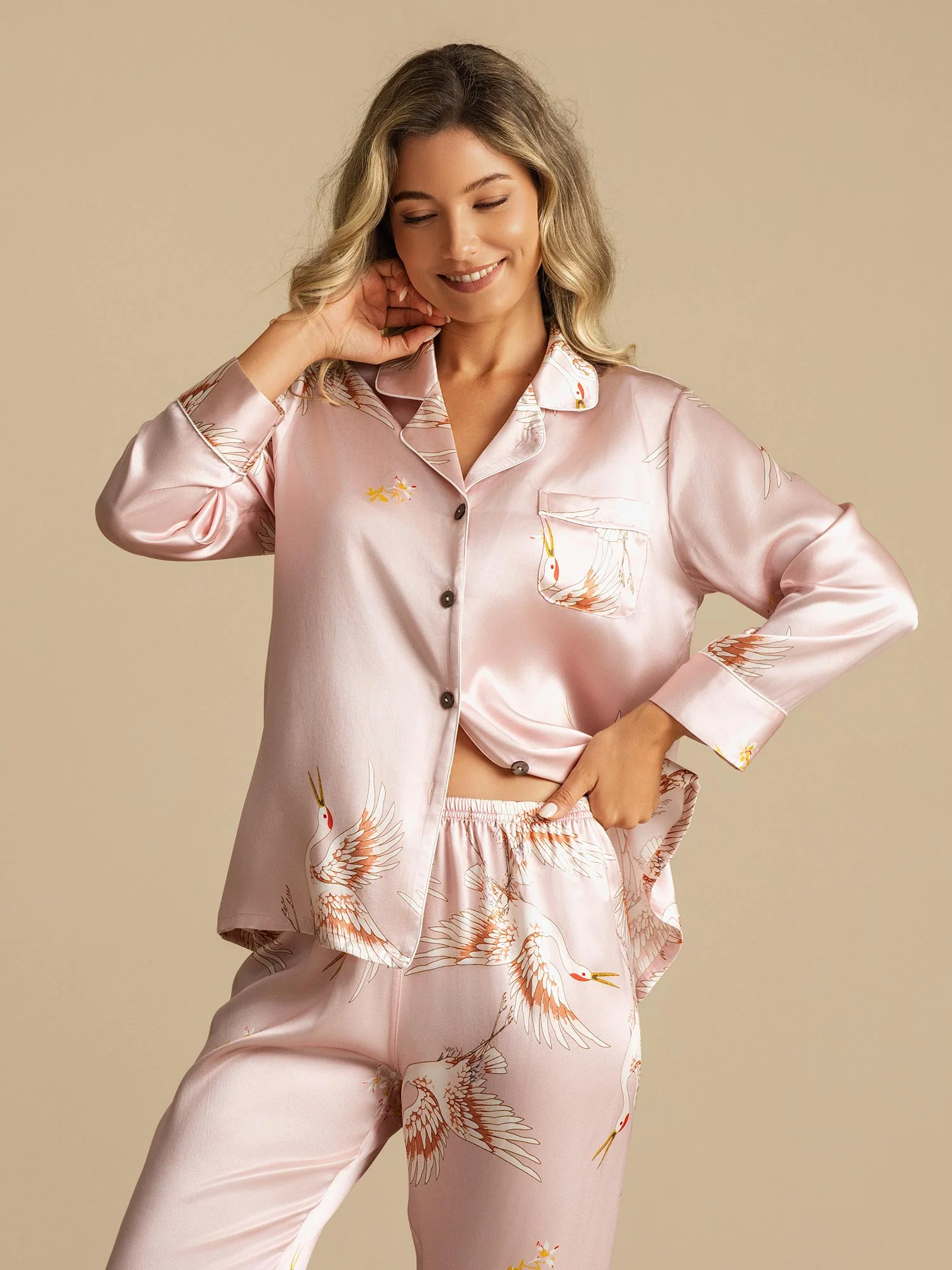 19Momme Women's Pure Silk Crane Print Long Sleeve Pajamas Set - Image 29