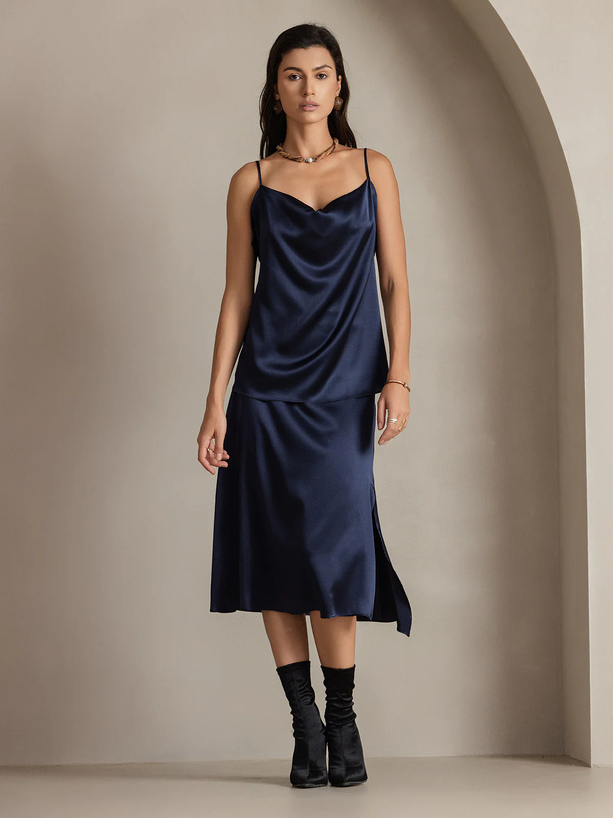 Clearance(US Warehouse) - 19Momme Silk A Line Long Slit Skirt with Zipper Design - Image 11