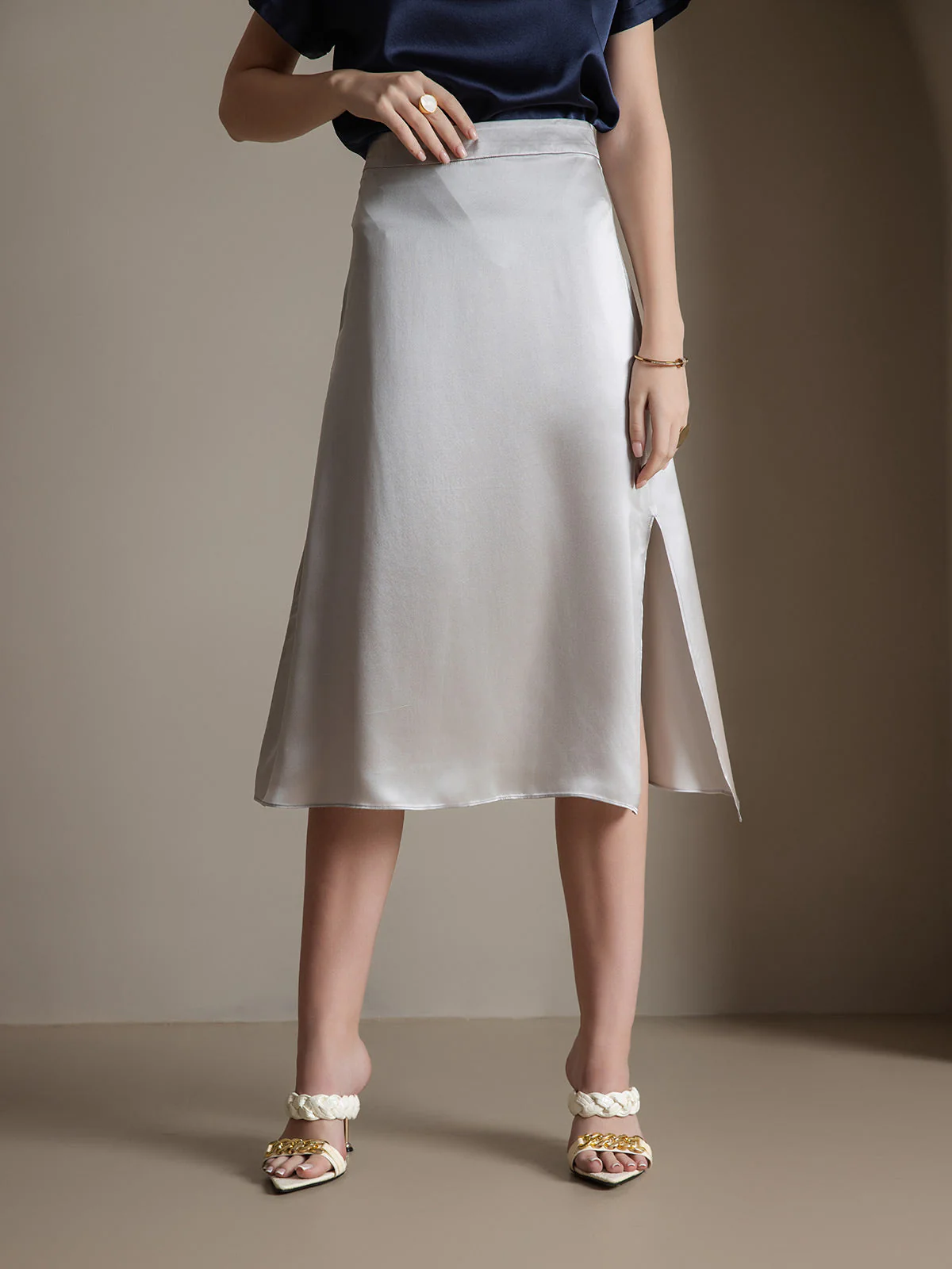 Clearance(US Warehouse) - 19Momme Silk A Line Long Slit Skirt with Zipper Design - Image 14