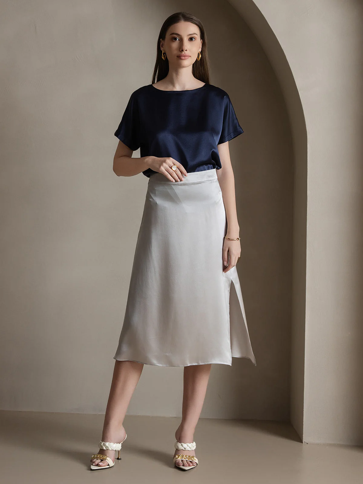 Clearance(US Warehouse) - 19Momme Silk A Line Long Slit Skirt with Zipper Design - Image 15