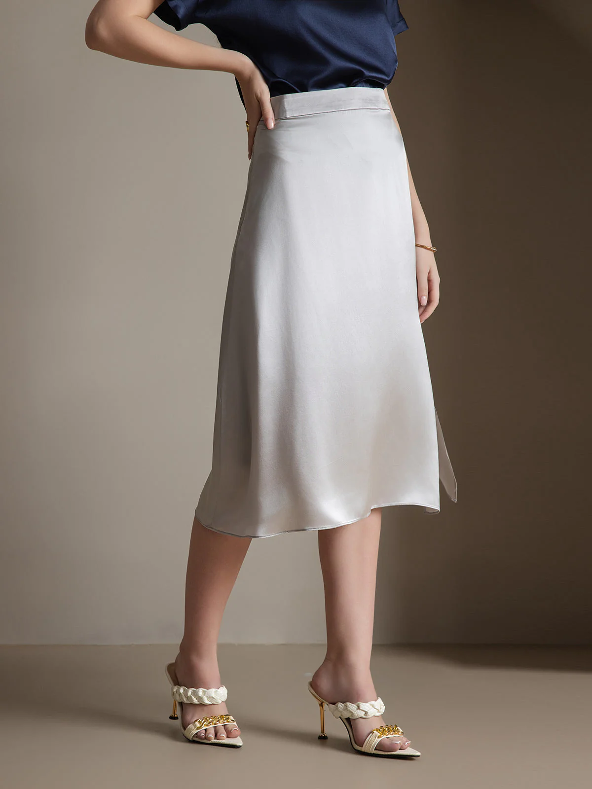 Clearance(US Warehouse) - 19Momme Silk A Line Long Slit Skirt with Zipper Design - Image 17
