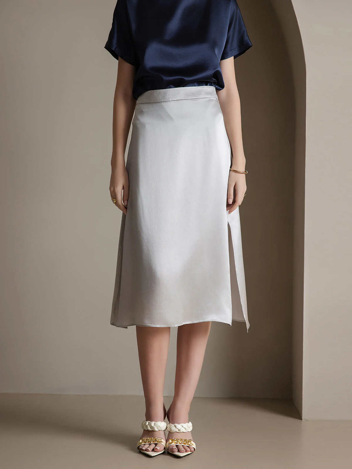 Clearance(US Warehouse) - 19Momme Silk A Line Long Slit Skirt with Zipper Design - Image 18