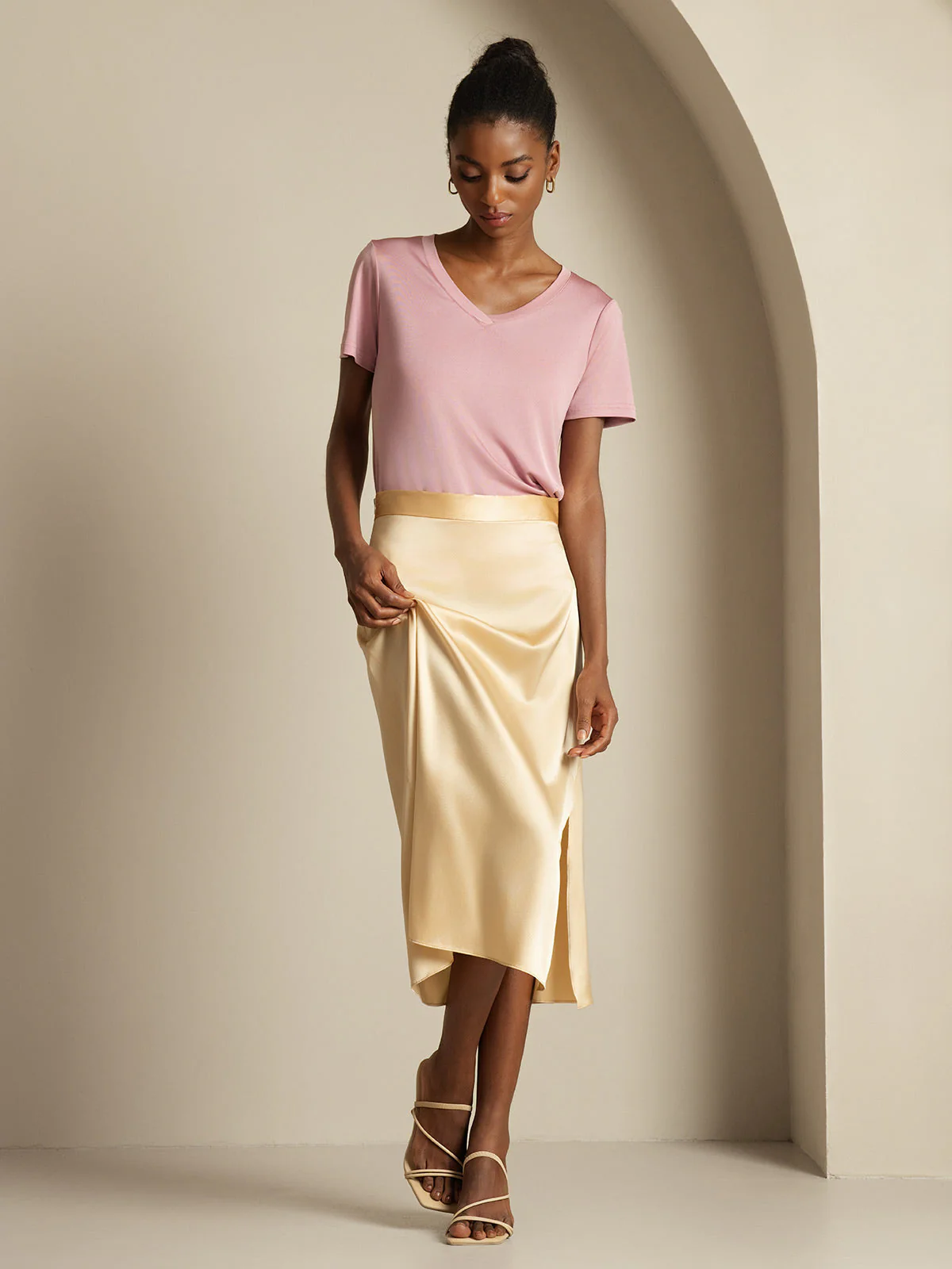 Clearance(US Warehouse) - 19Momme Silk A Line Long Slit Skirt with Zipper Design - Image 5