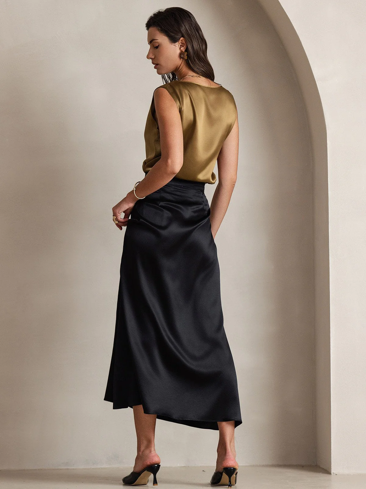 19Momme Silk A Line Maxi Skirt with Zipper Design - Image 24
