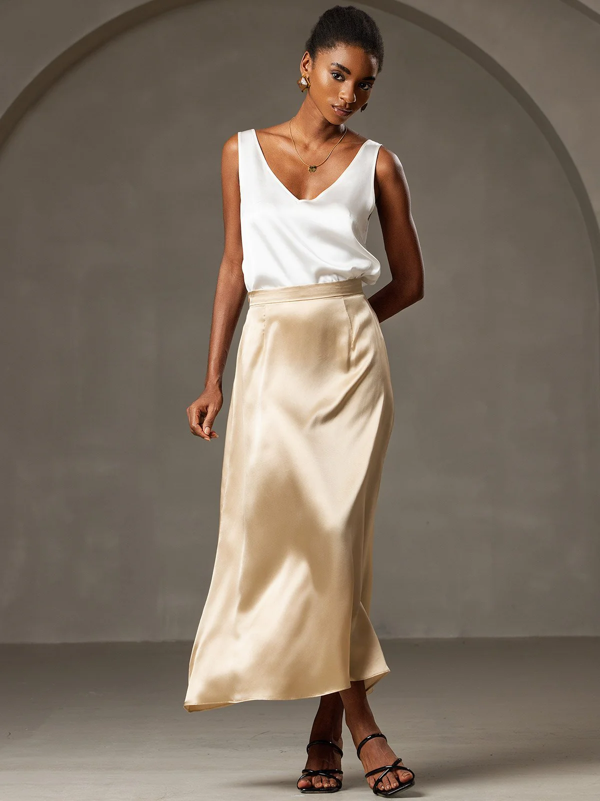 19Momme Silk A Line Maxi Skirt with Zipper Design - Image 36