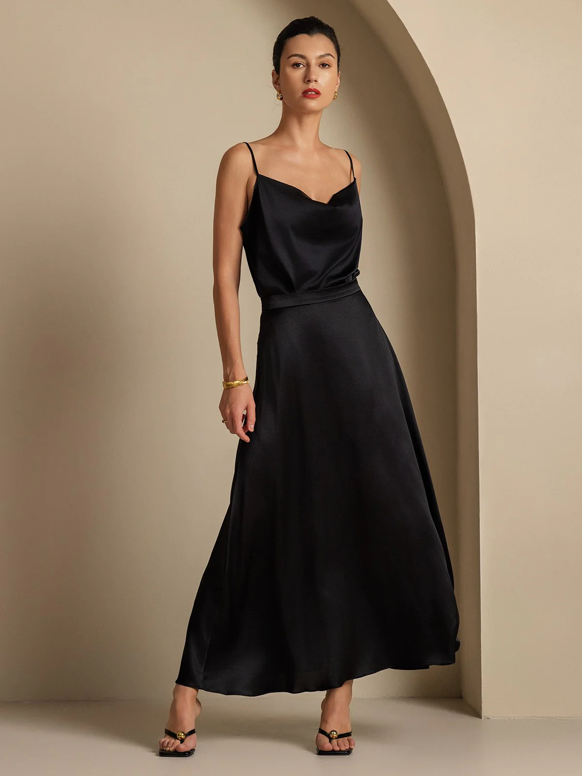 19Momme Silk Cowl Neck Spaghetti Strap Camisole Top & A Line Maxi Skirt - Image 11