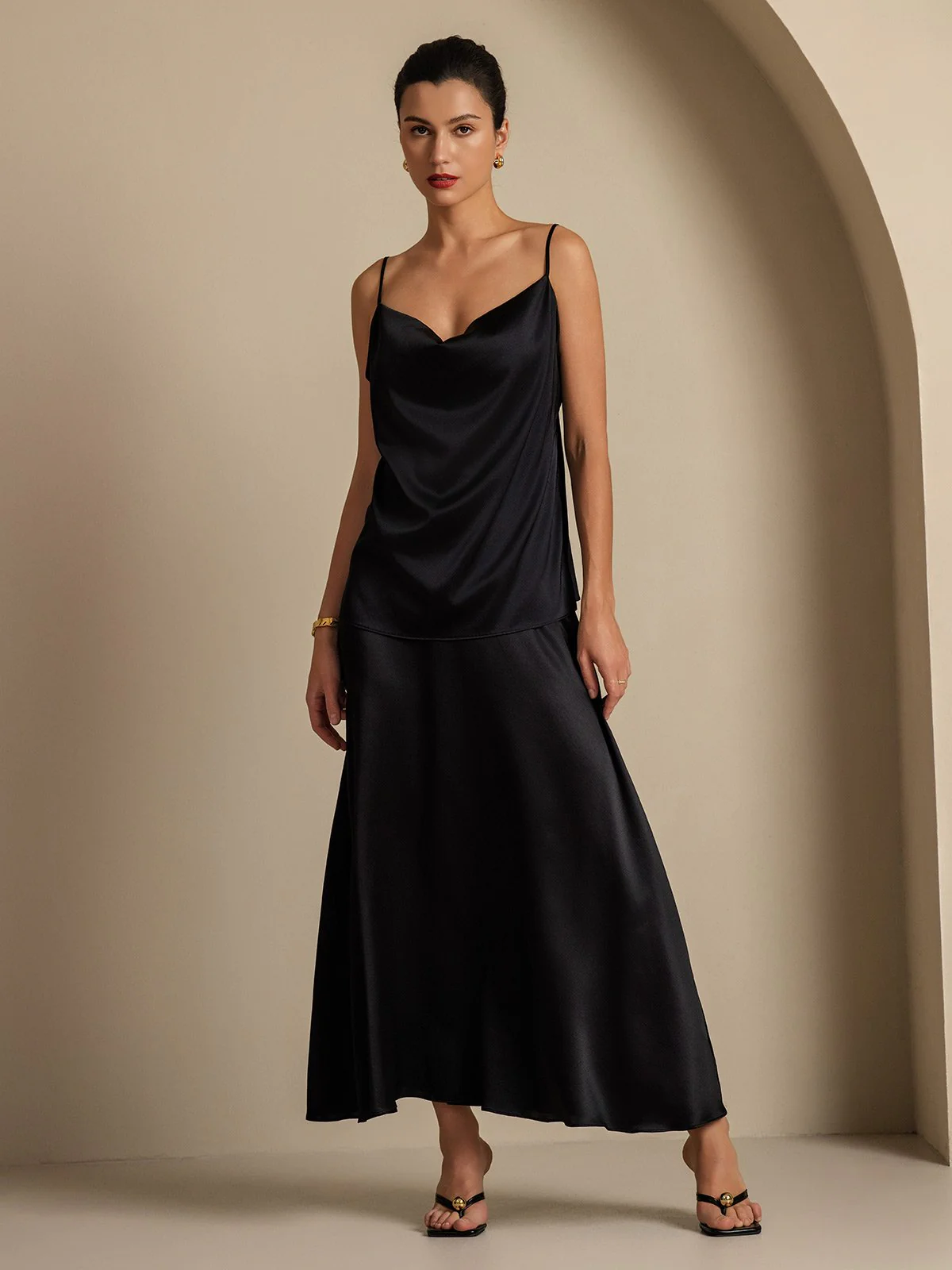 19Momme Silk Cowl Neck Spaghetti Strap Camisole Top & A Line Maxi Skirt - Image 15