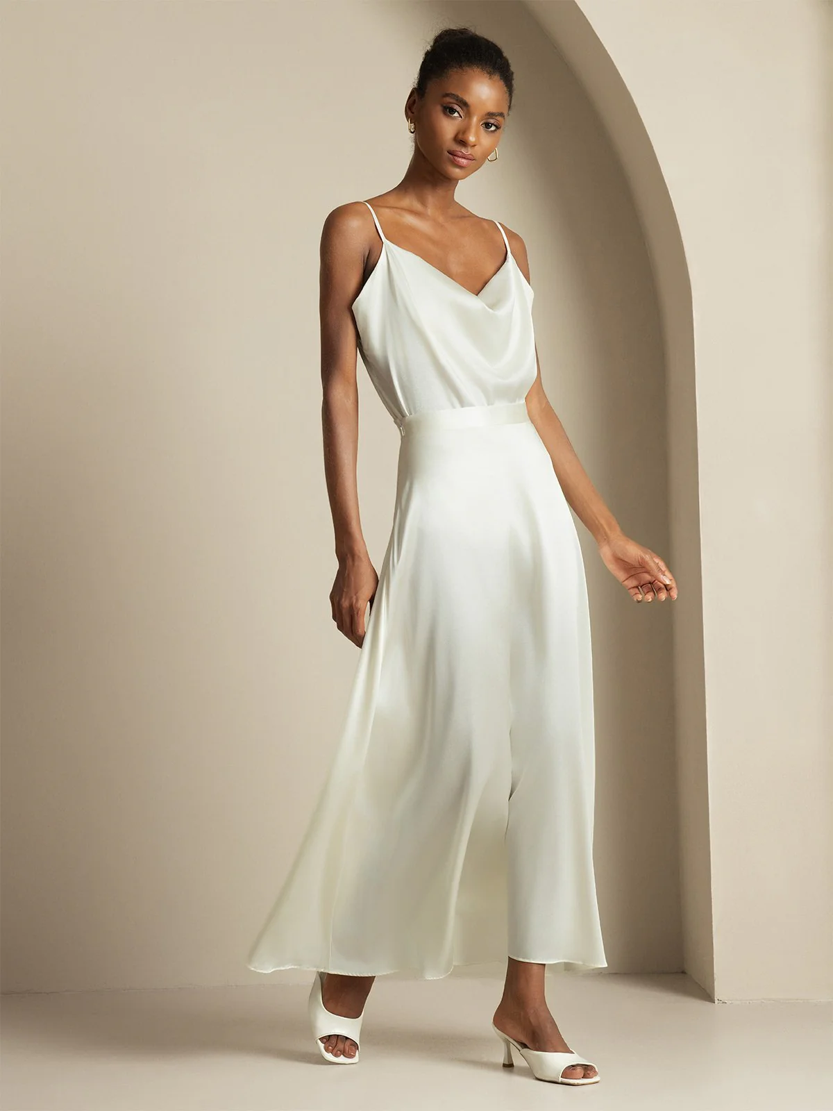 19Momme Silk Cowl Neck Spaghetti Strap Camisole Top & A Line Maxi Skirt - Image 21