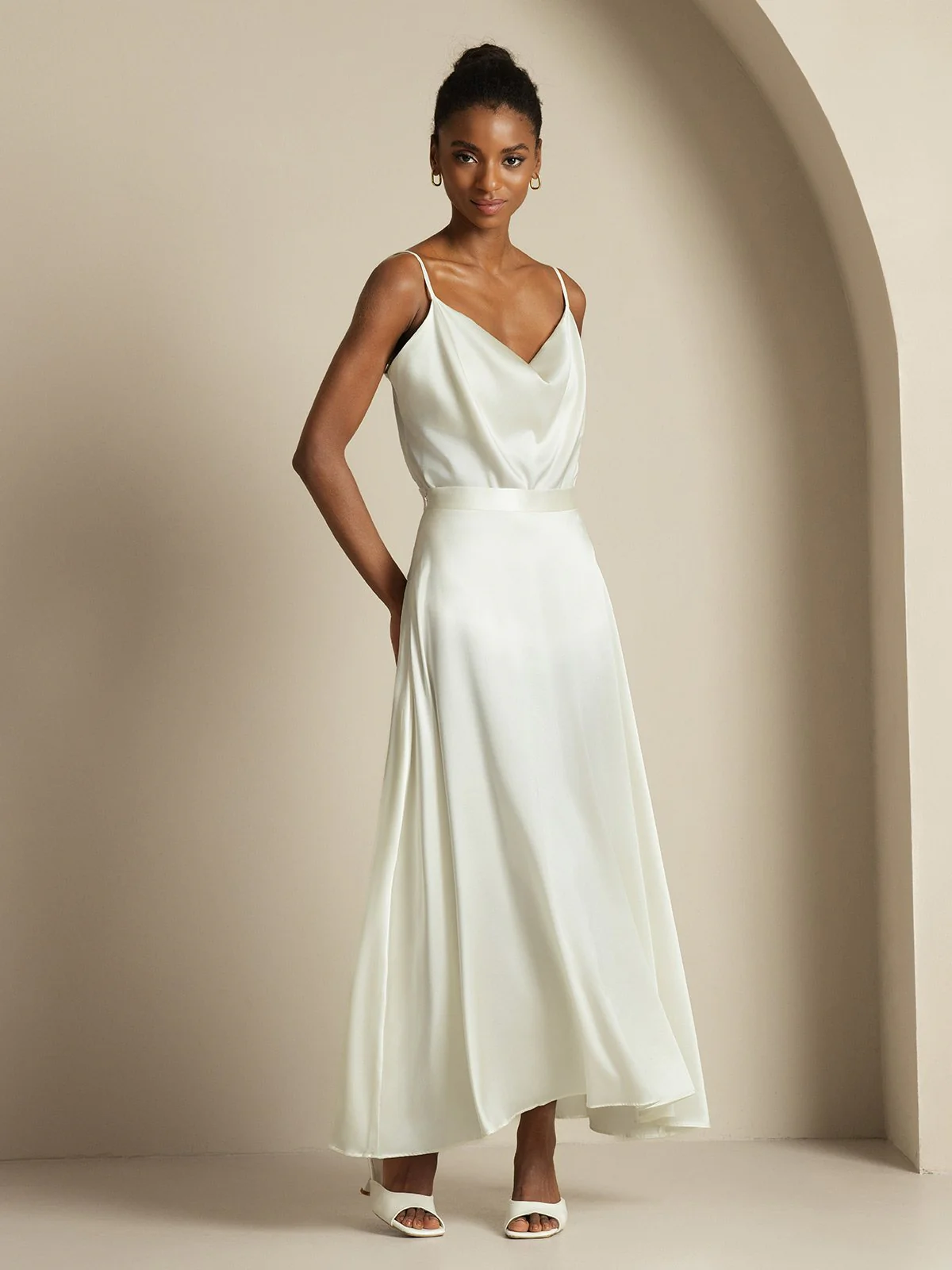 19Momme Silk Cowl Neck Spaghetti Strap Camisole Top & A Line Maxi Skirt - Image 22