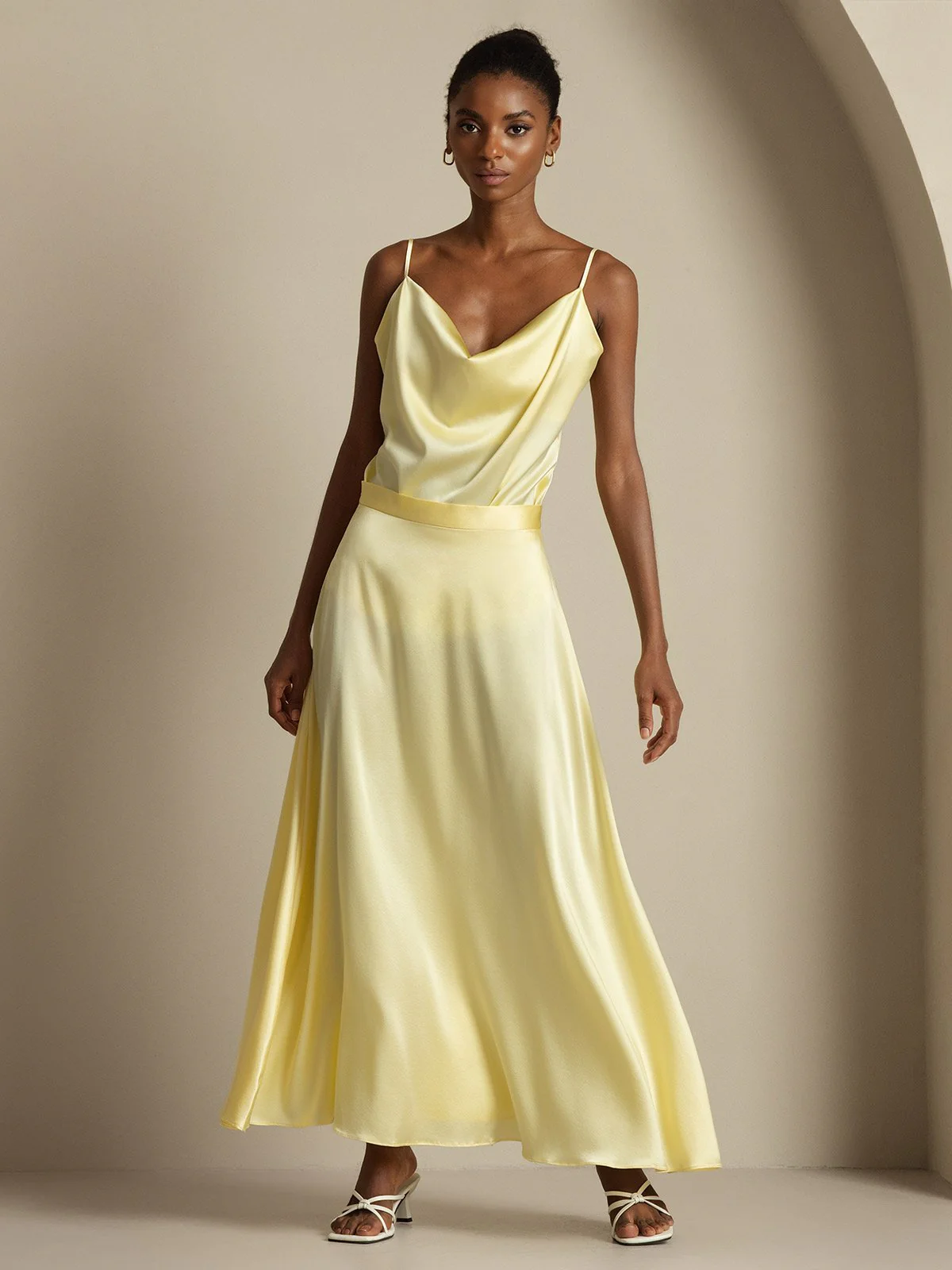 19Momme Silk Cowl Neck Spaghetti Strap Camisole Top & A Line Maxi Skirt - Image 24