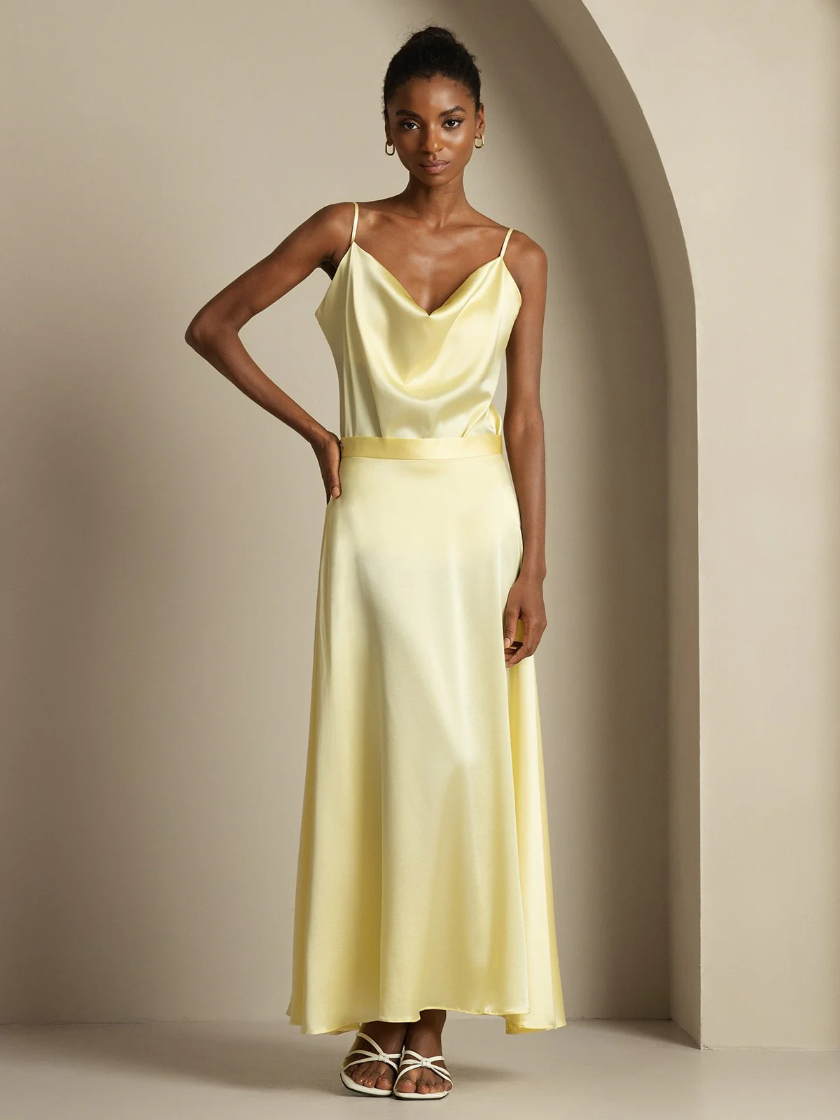 19Momme Silk Cowl Neck Spaghetti Strap Camisole Top & A Line Maxi Skirt - Image 26