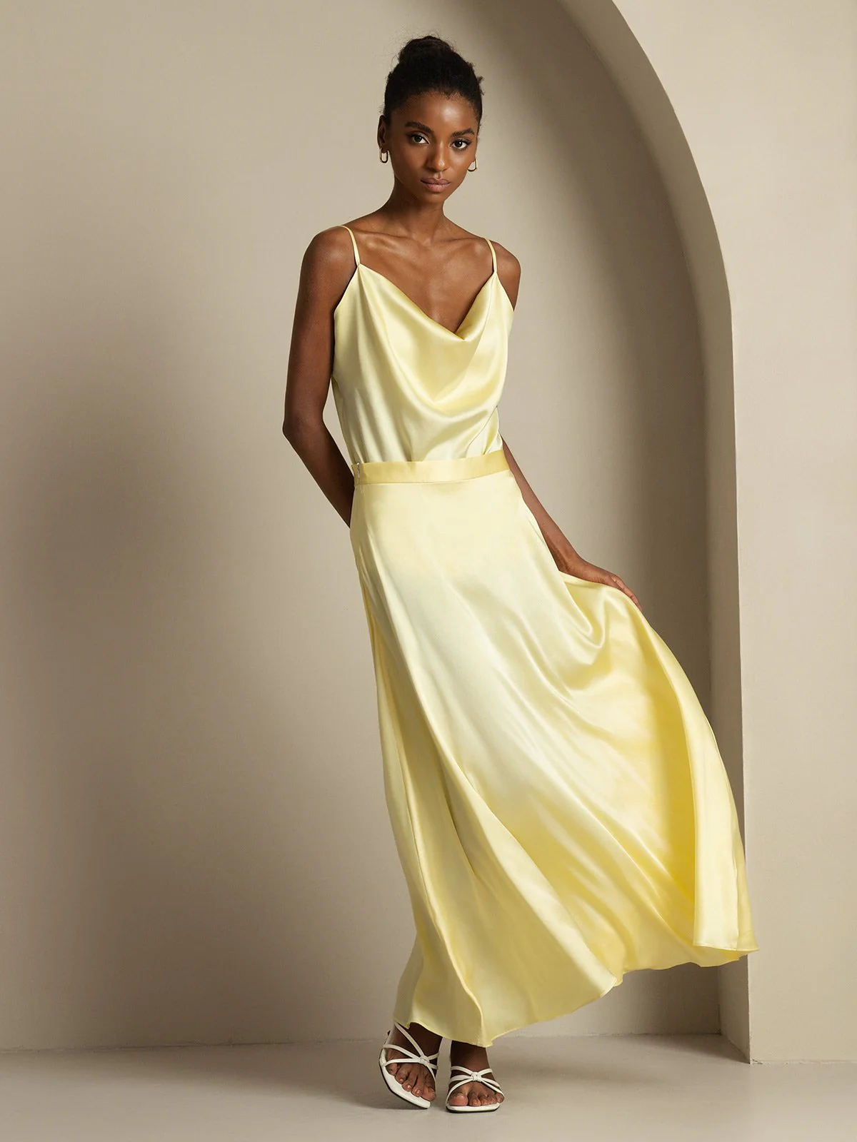 19Momme Silk Cowl Neck Spaghetti Strap Camisole Top & A Line Maxi Skirt - Image 29