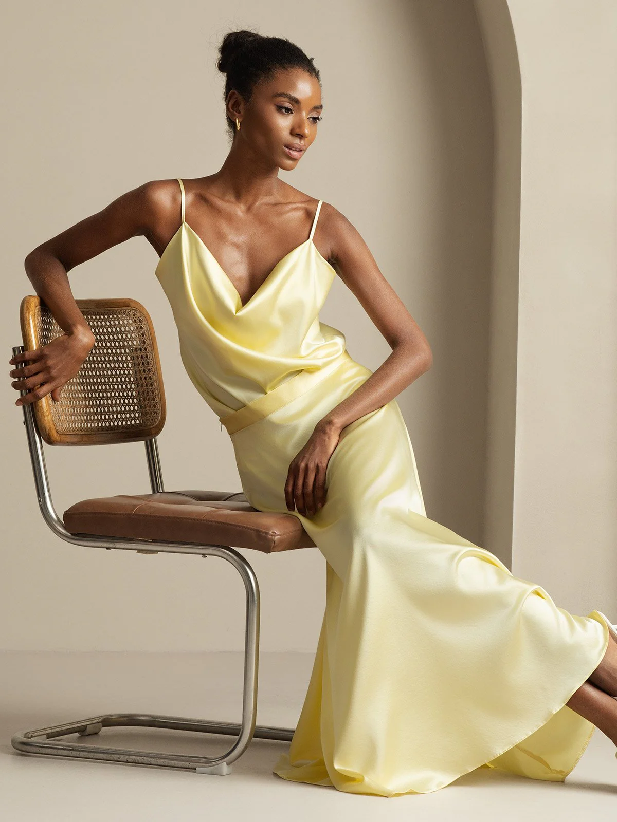 19Momme Silk Cowl Neck Spaghetti Strap Camisole Top & A Line Maxi Skirt - Image 30