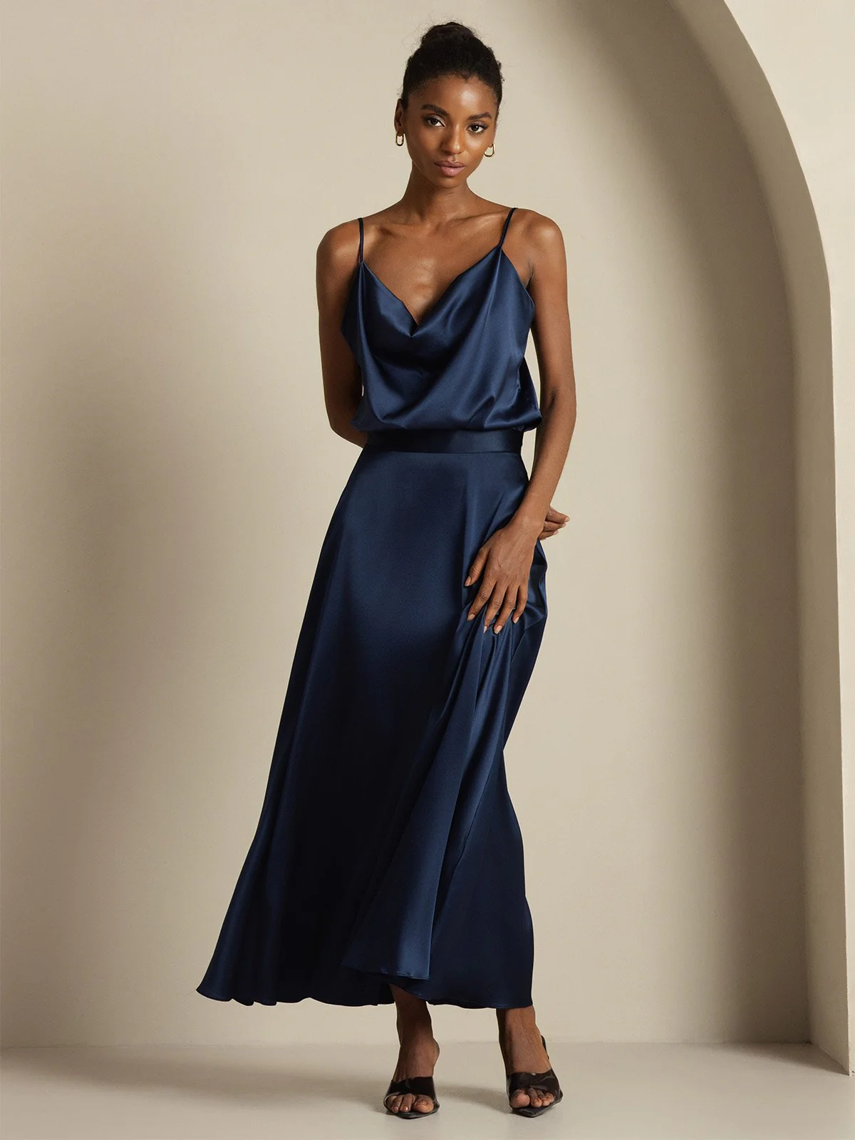 19Momme Silk Cowl Neck Spaghetti Strap Camisole Top & A Line Maxi Skirt - Image 4