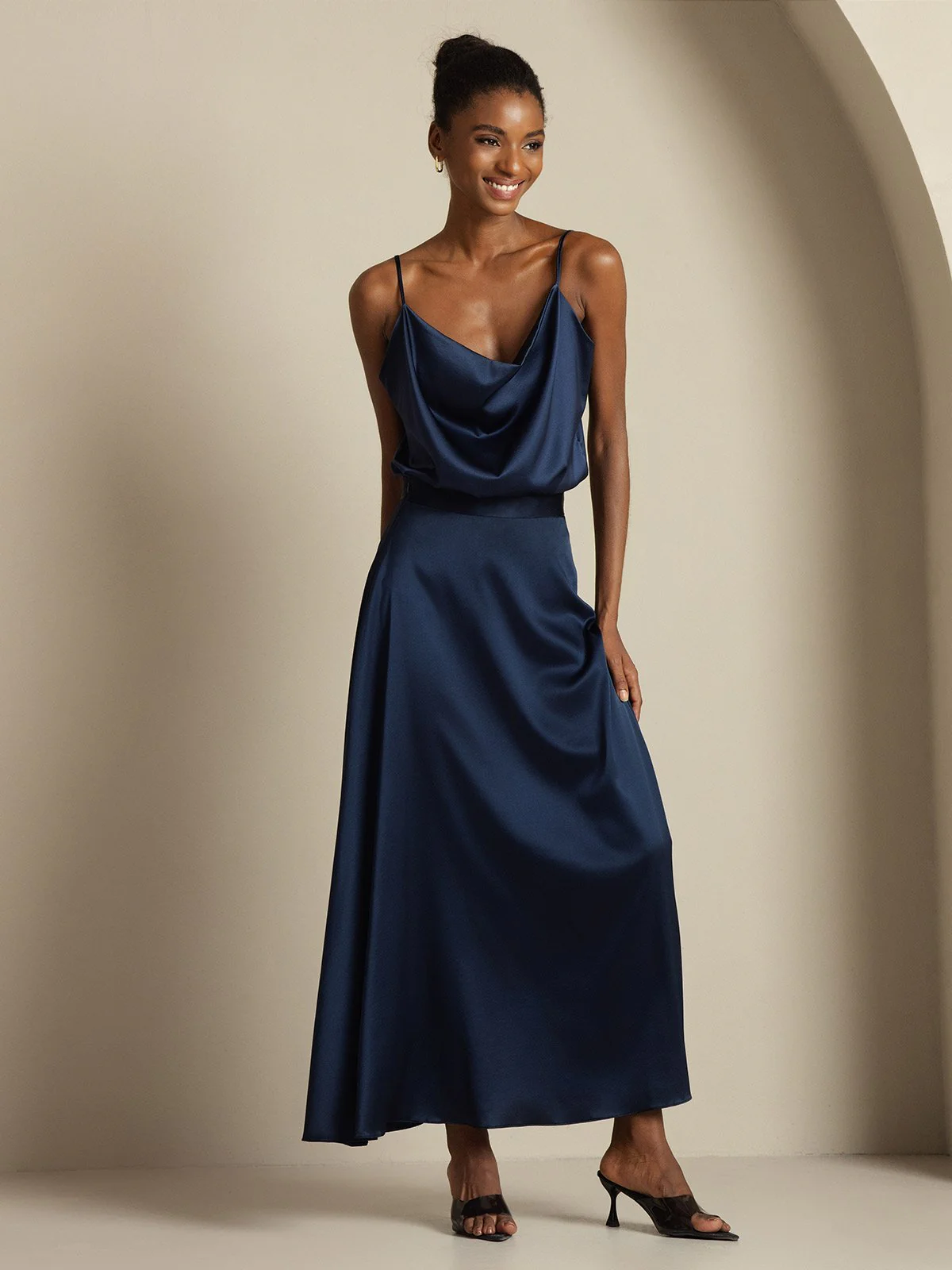 19Momme Silk Cowl Neck Spaghetti Strap Camisole Top & A Line Maxi Skirt - Image 6