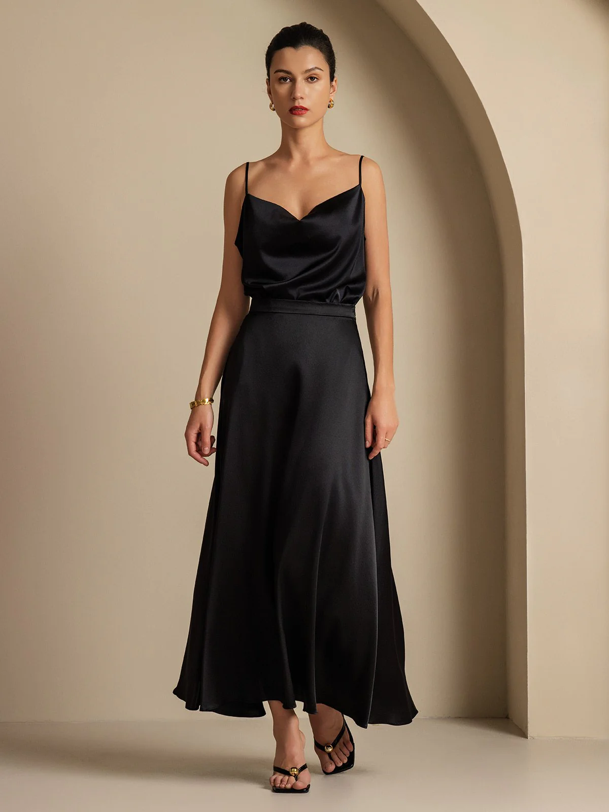 19Momme Silk Cowl Neck Spaghetti Strap Camisole Top & A Line Maxi Skirt - Image 9