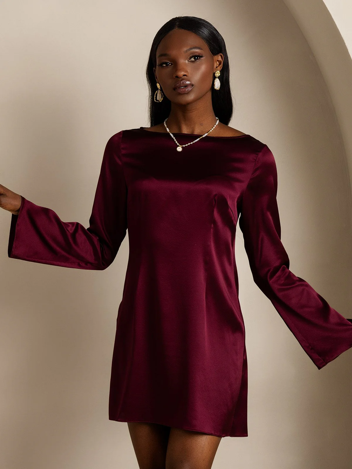 19Momme Silk Long Sleeve Boat Neck Short Dress - Image 12