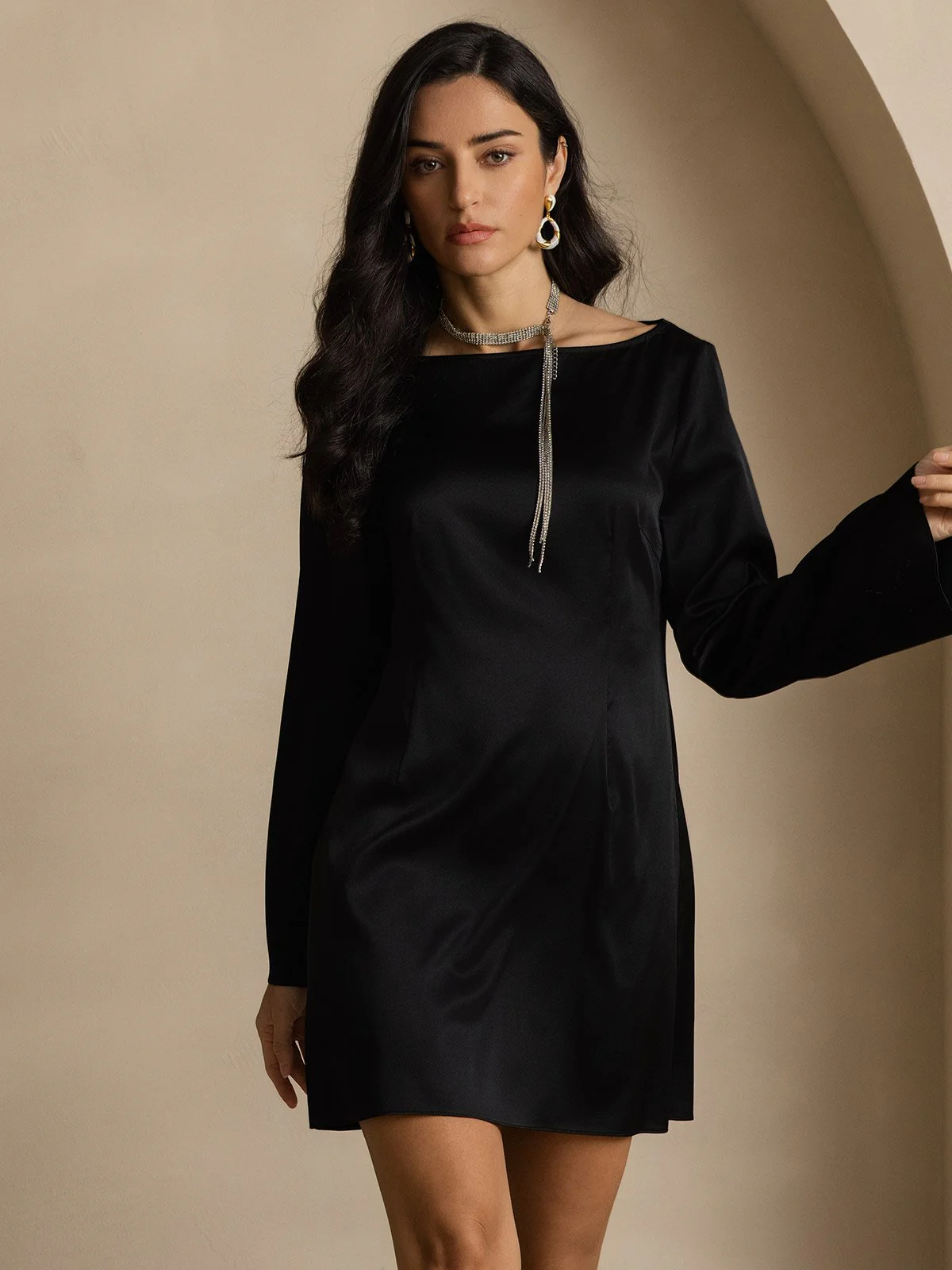 19Momme Silk Long Sleeve Boat Neck Short Dress - Image 18