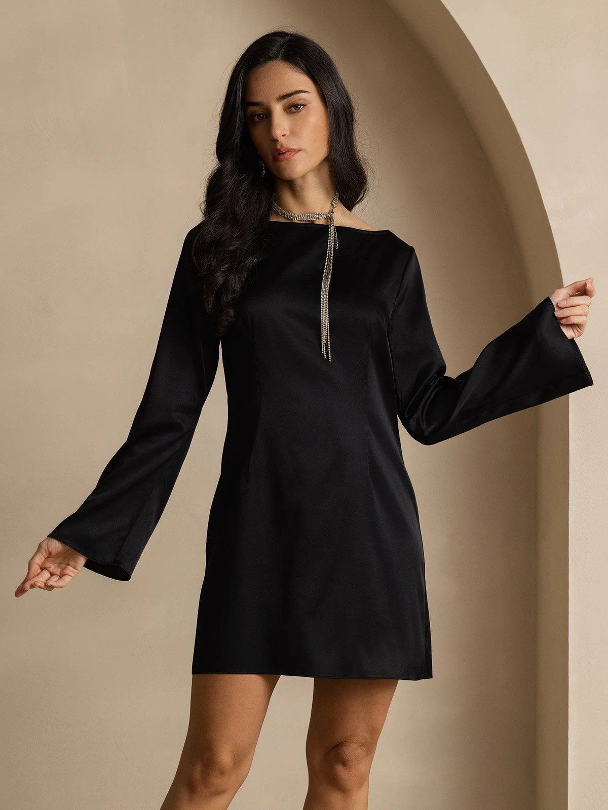 19Momme Silk Long Sleeve Boat Neck Short Dress - Image 19