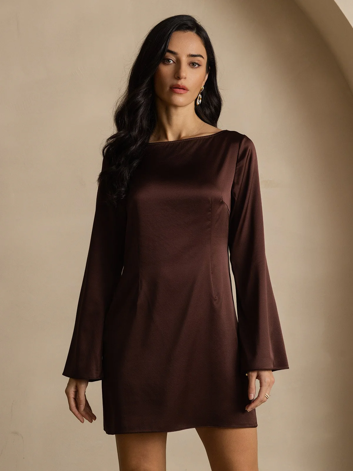 19Momme Silk Long Sleeve Boat Neck Short Dress - Image 4